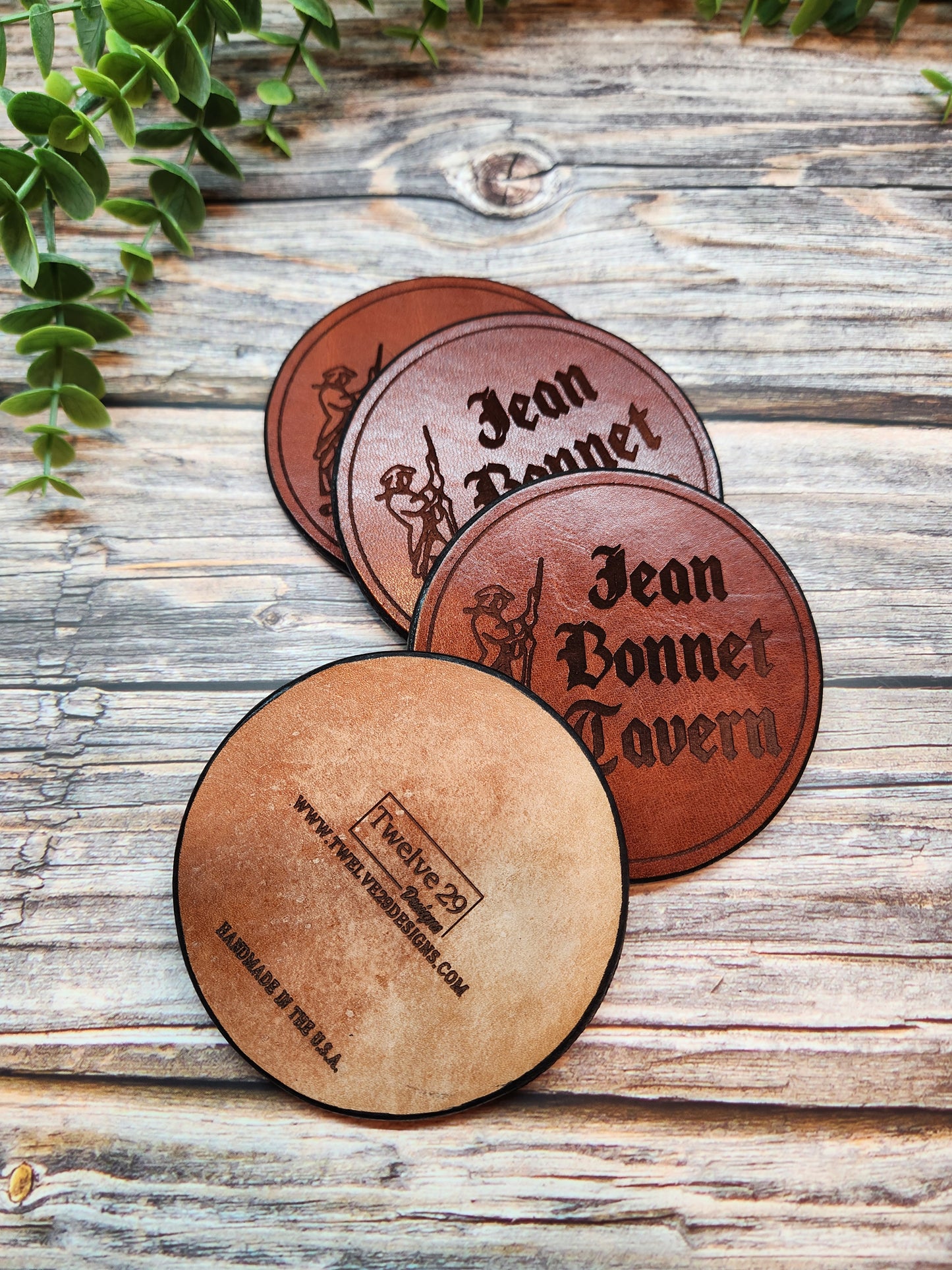 Full-Grain American Leather Coasters – Set of 4 Custom Engraved| Handmade in the USA