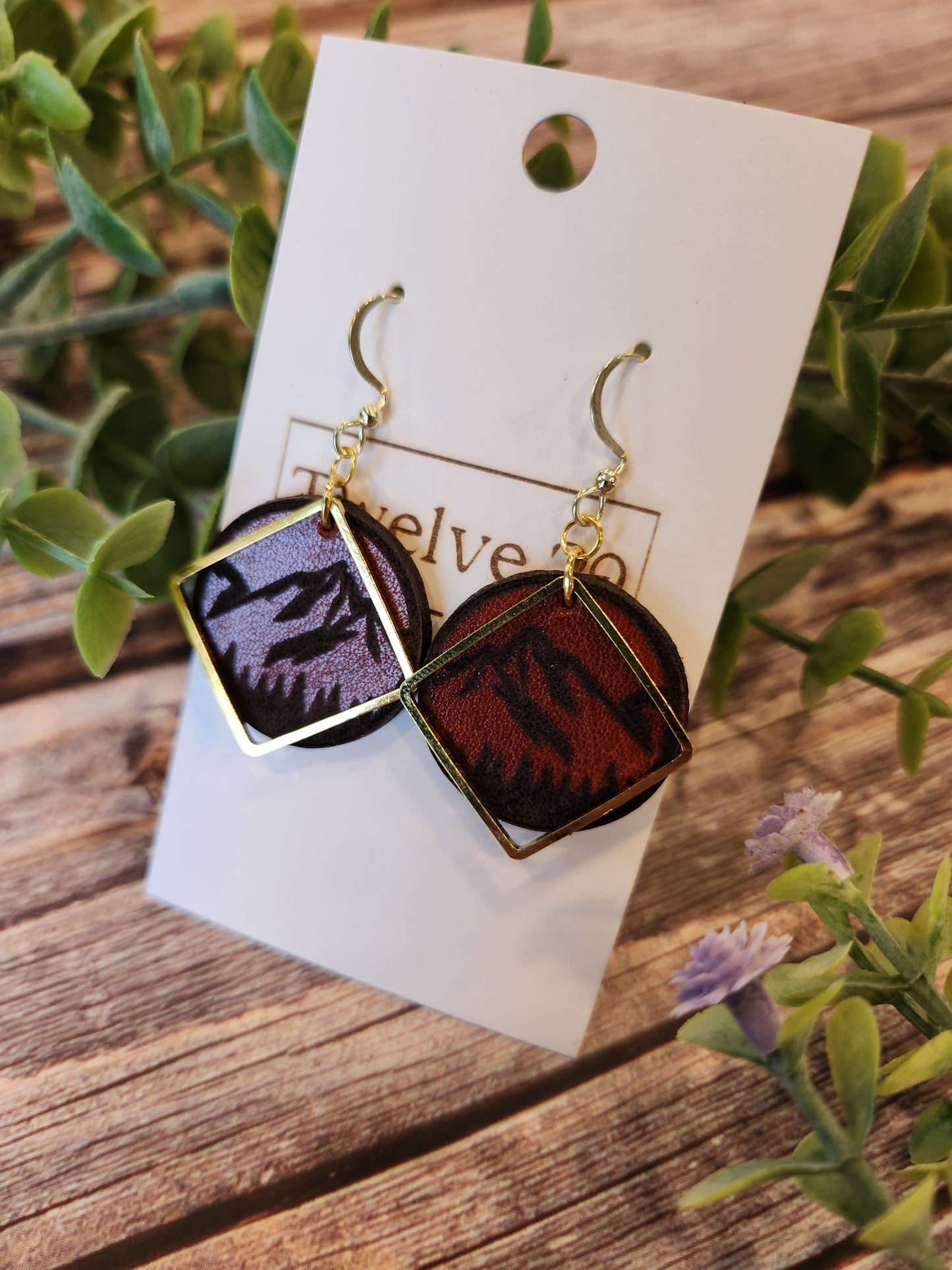 Leather Earrings with Laser Engraved Mountains and Gold Colored Accents