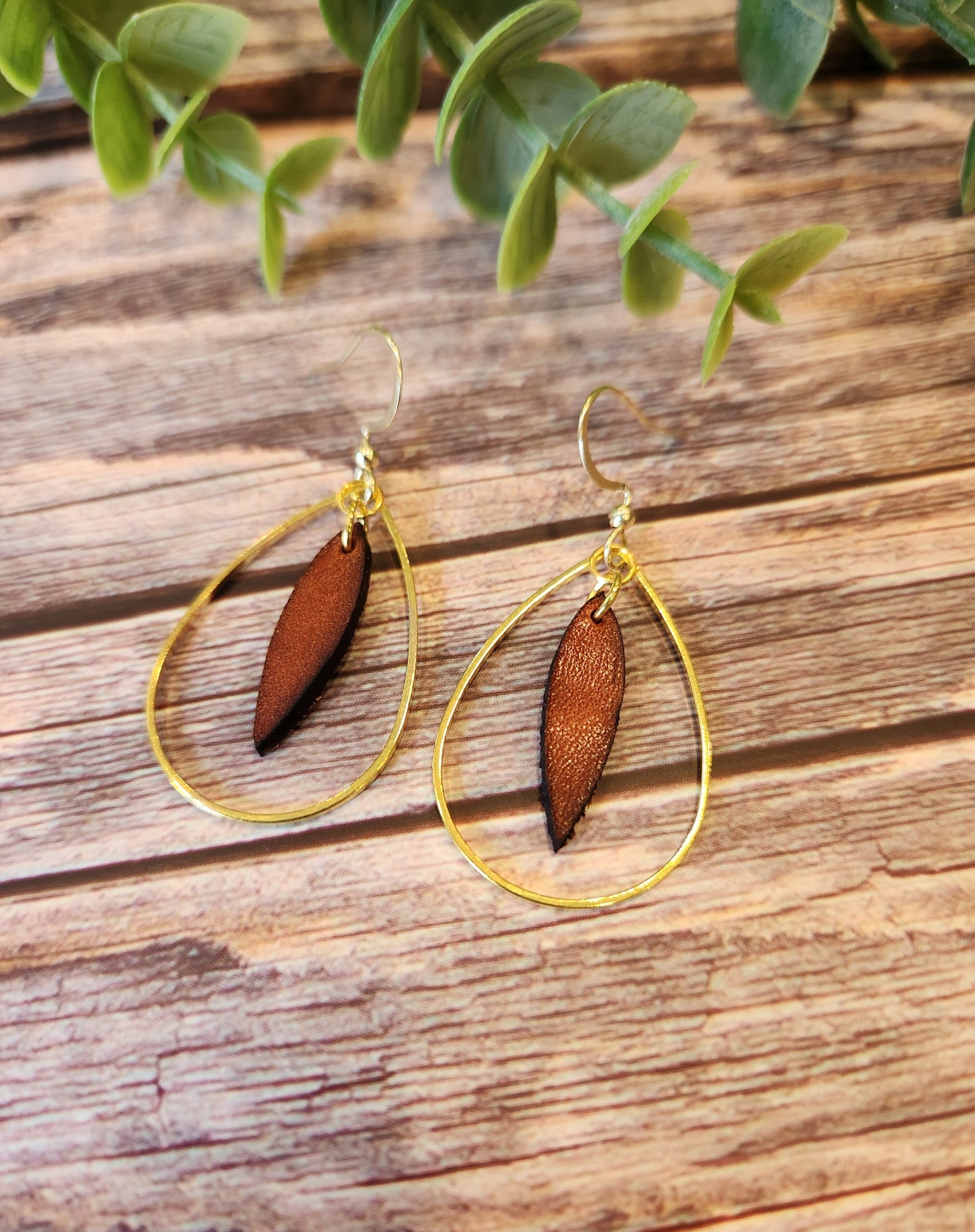 Leather Earrings, English Tan with Gold Colored Accents in an Elegant Teardrop Shape