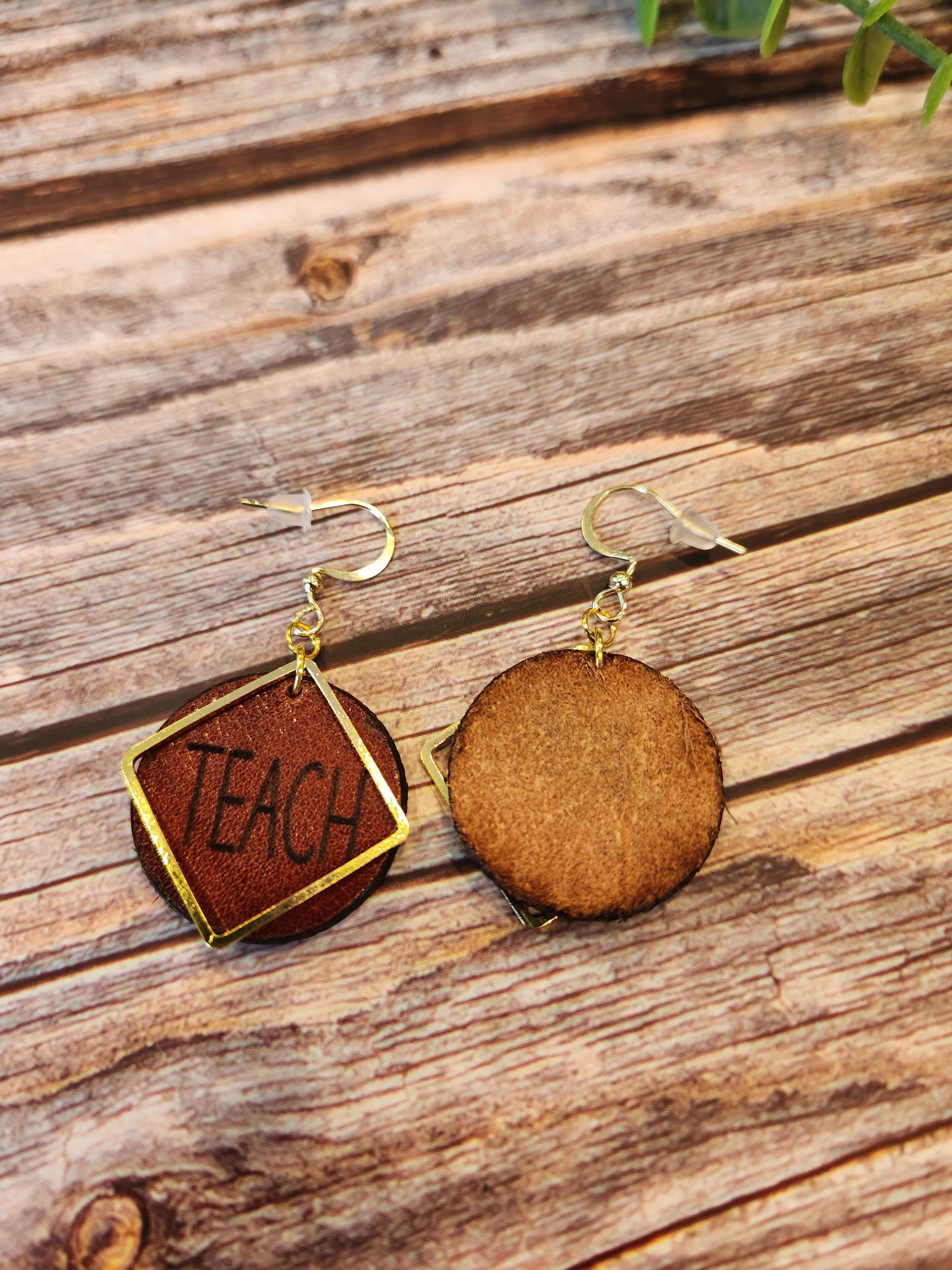 Leather Earrings with Laser Engraved TEACH and Gold Colored Accents