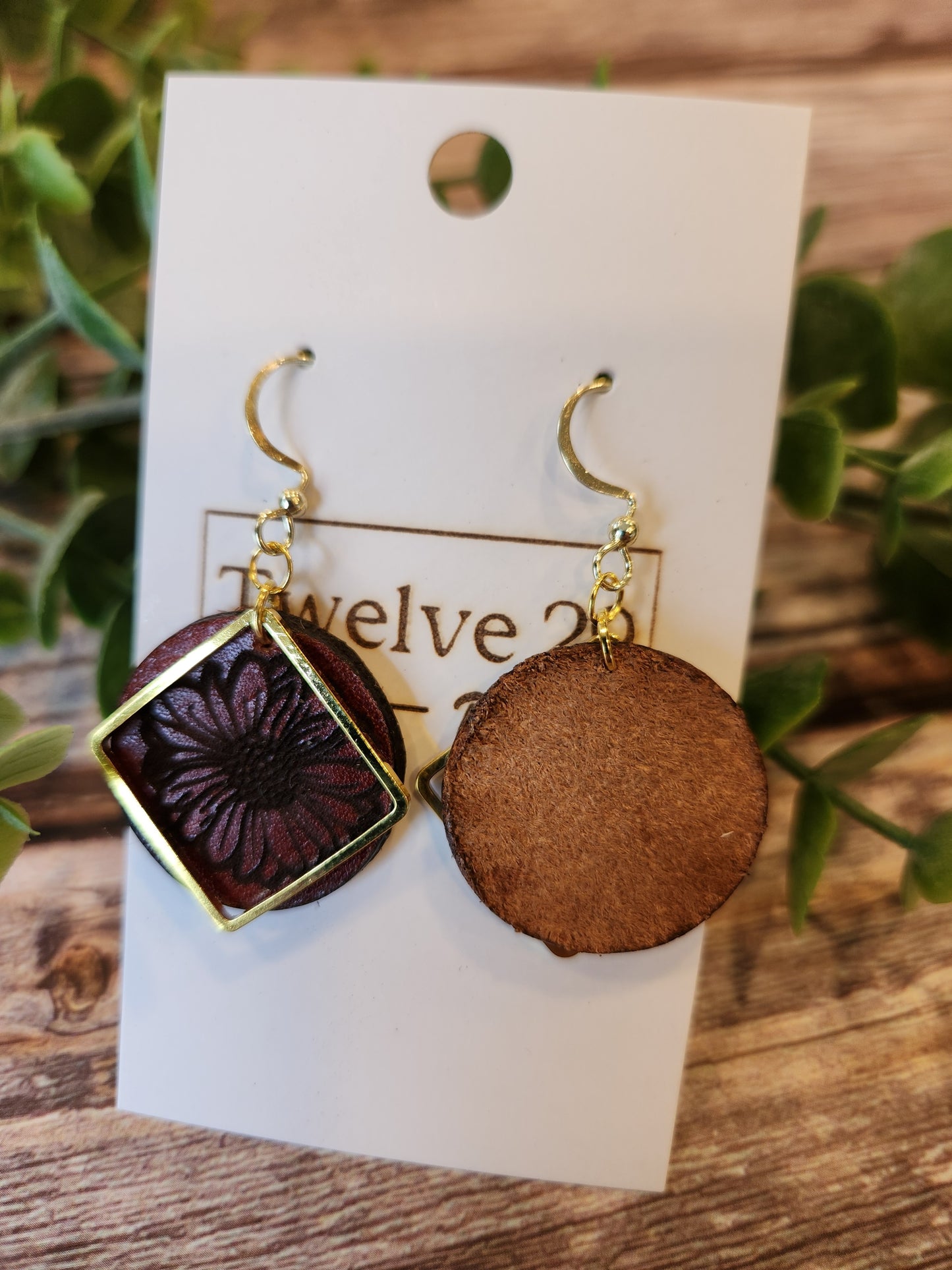 Leather Earrings with Laser Engraved Sunflower and Gold Colored Accents