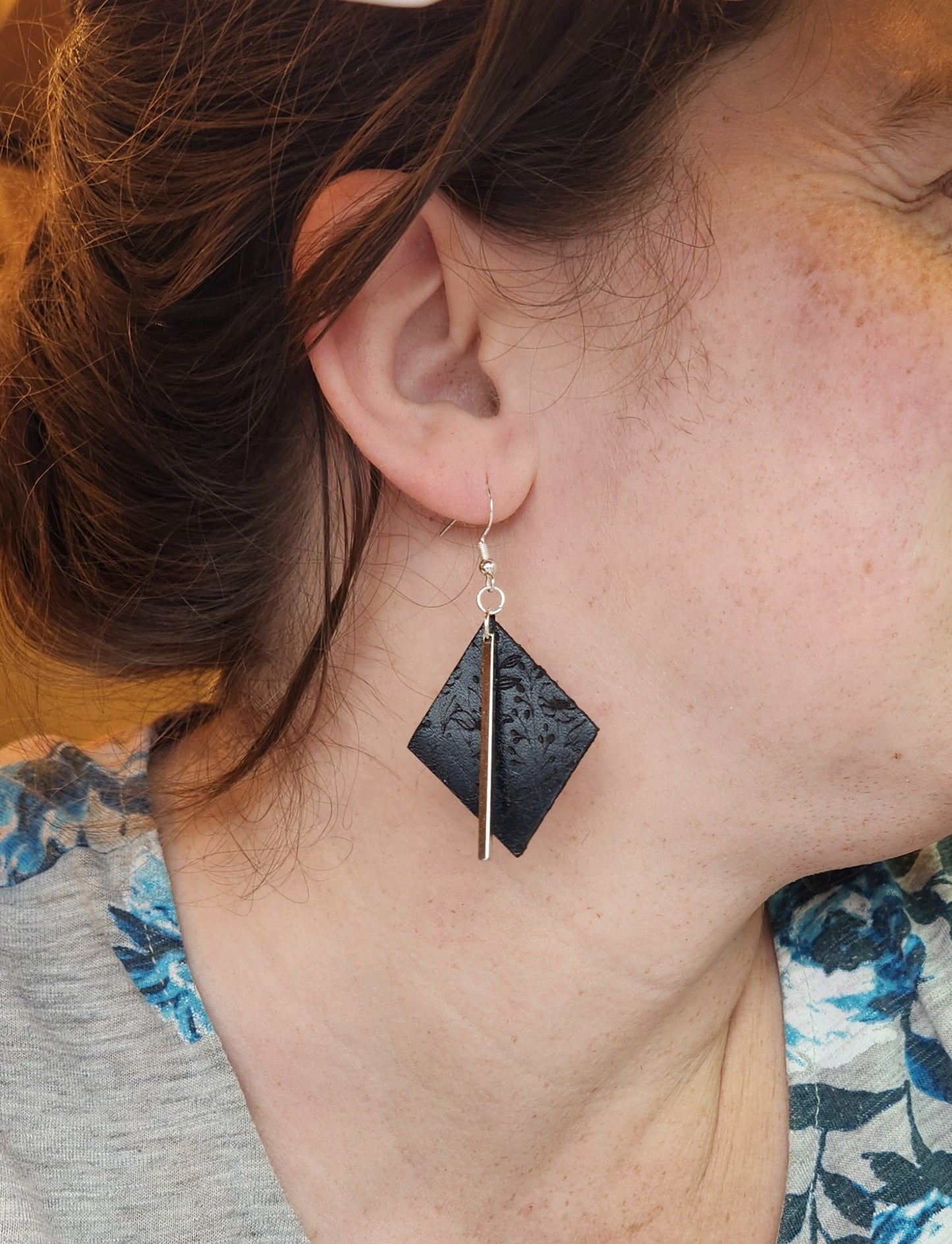 Full-Grain American Leather Earrings, Rhombus-shaped with Delicate Floral Engraving and Metal Bar Accent | Handmade in the USA
