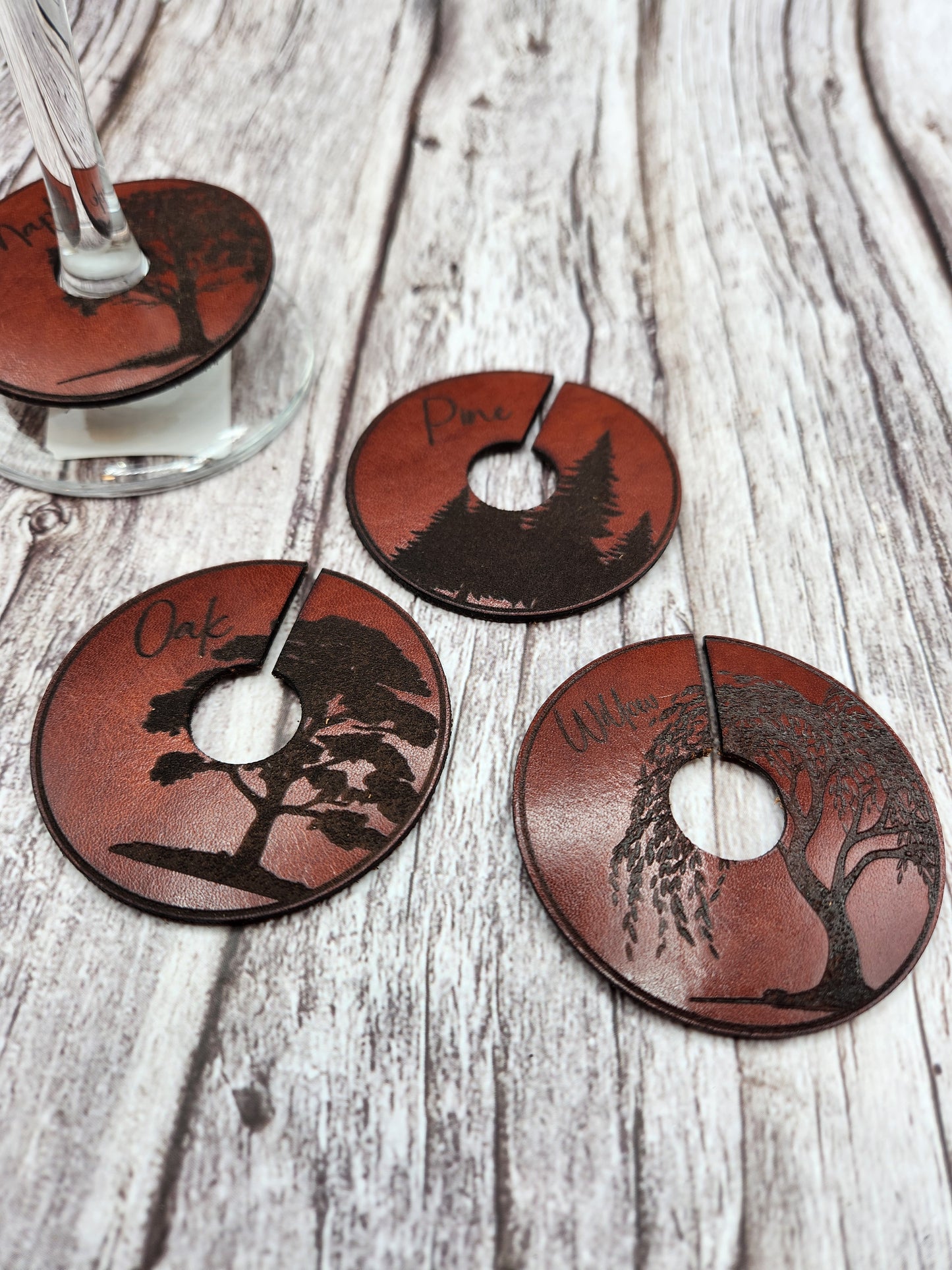 Leather Wine Glass Markers in an Exclusive Tree Design set of four