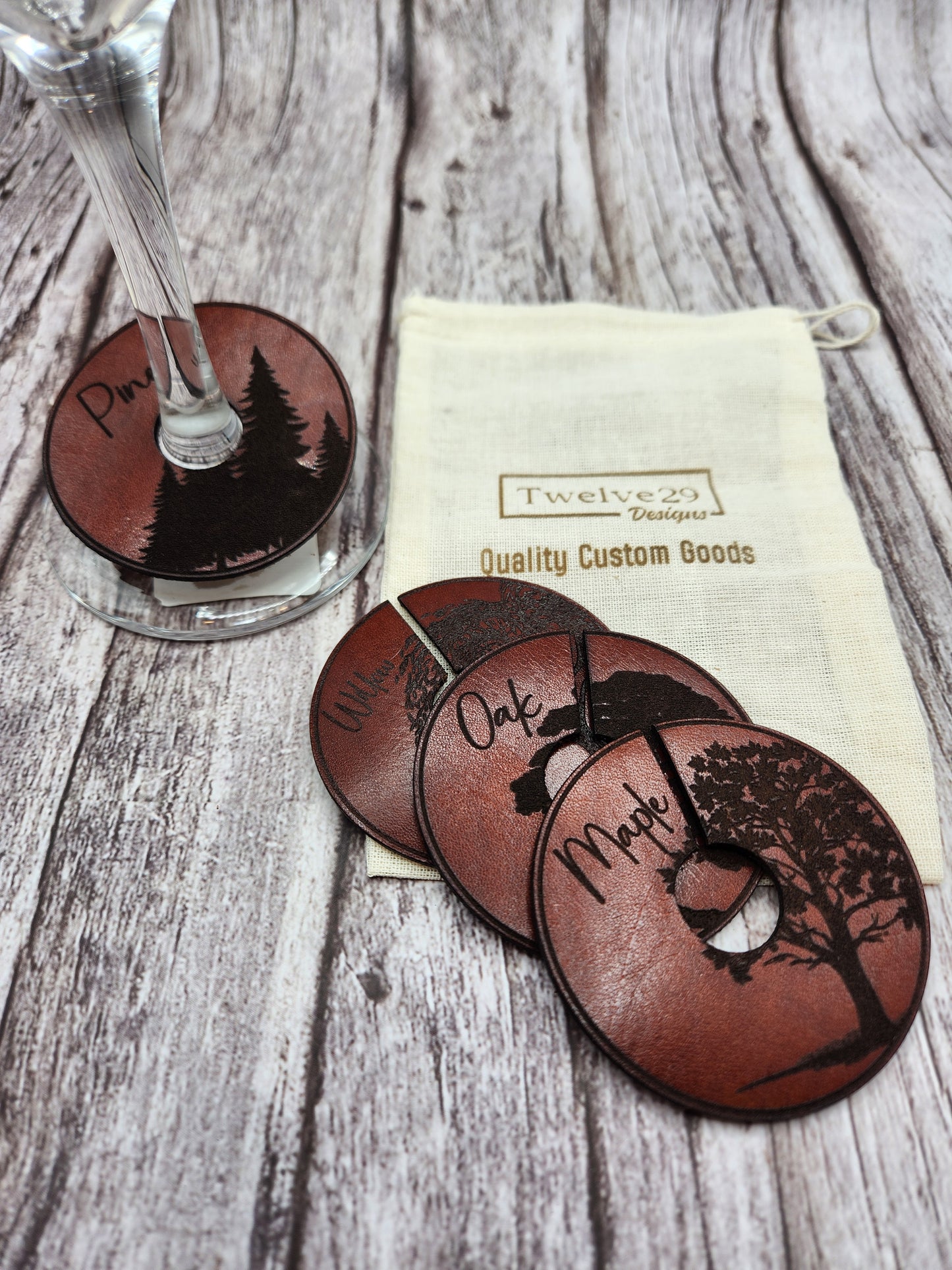 Leather Wine Glass Markers in an Exclusive Tree Design set of four