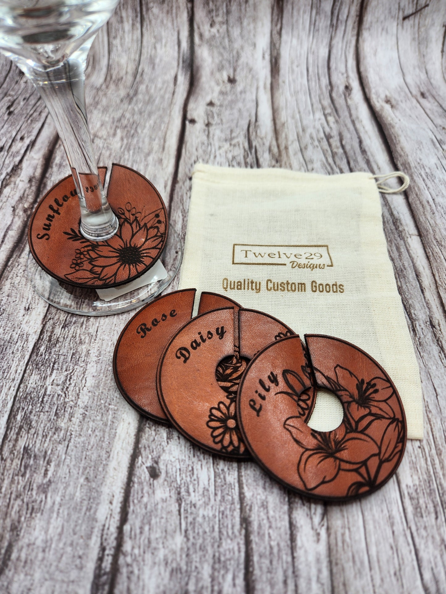 Full-Grain American Leather Wine Glass Markers In An Exclusive Flower Design / Set of Four | Handmade In The USA