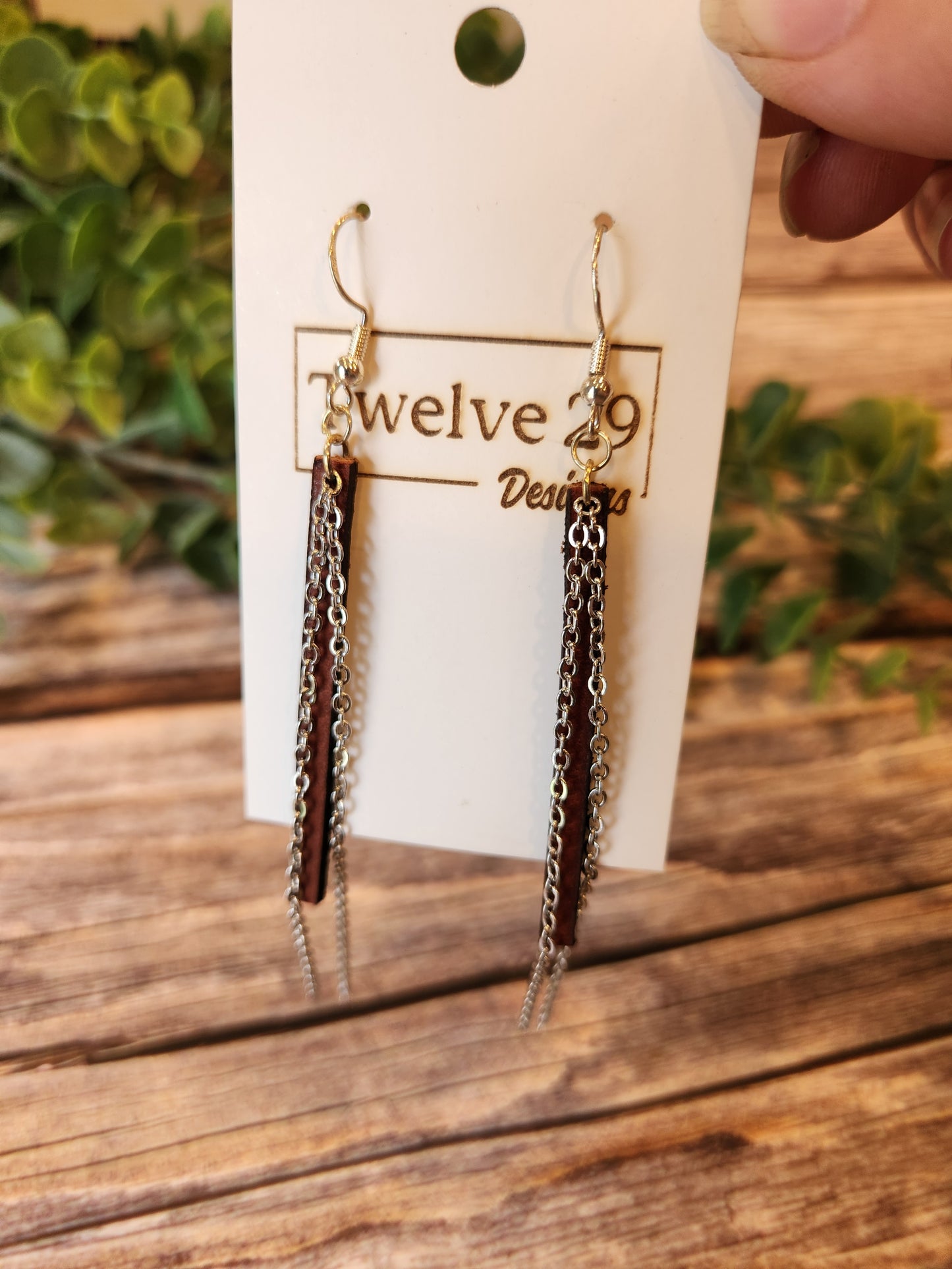 Full-Grain American Leather Long Dangle Earrings, Thin Rectangle with Double Silver Chain Accents | Handmade in the USA