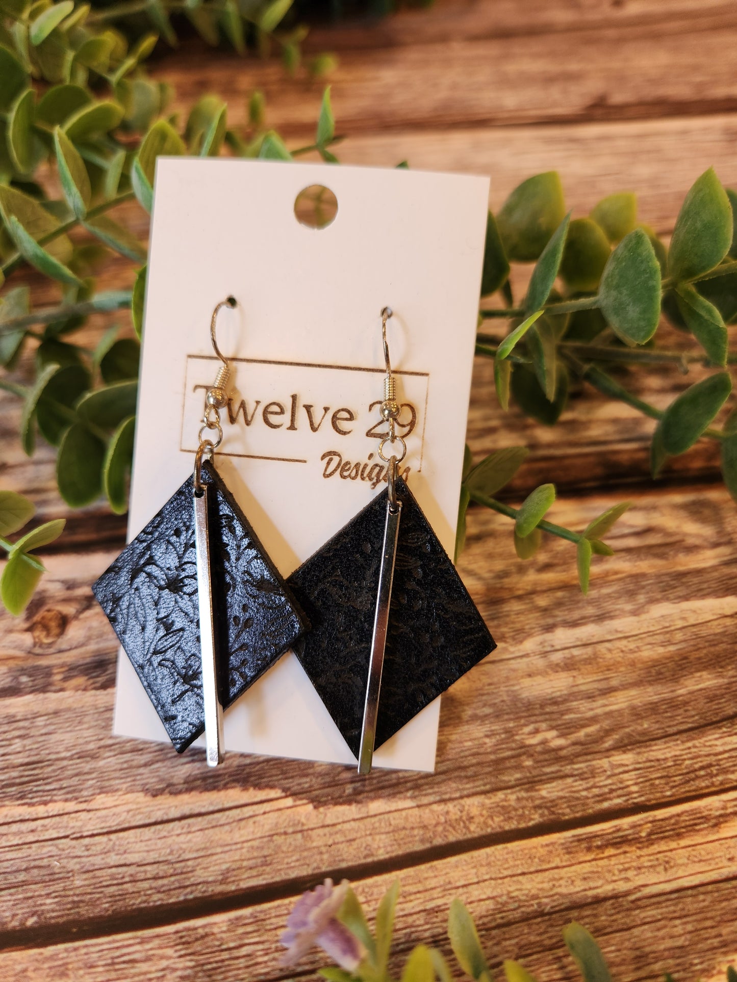 Full-Grain American Leather Earrings, Rhombus-shaped with Delicate Floral Engraving and Metal Bar Accent | Handmade in the USA