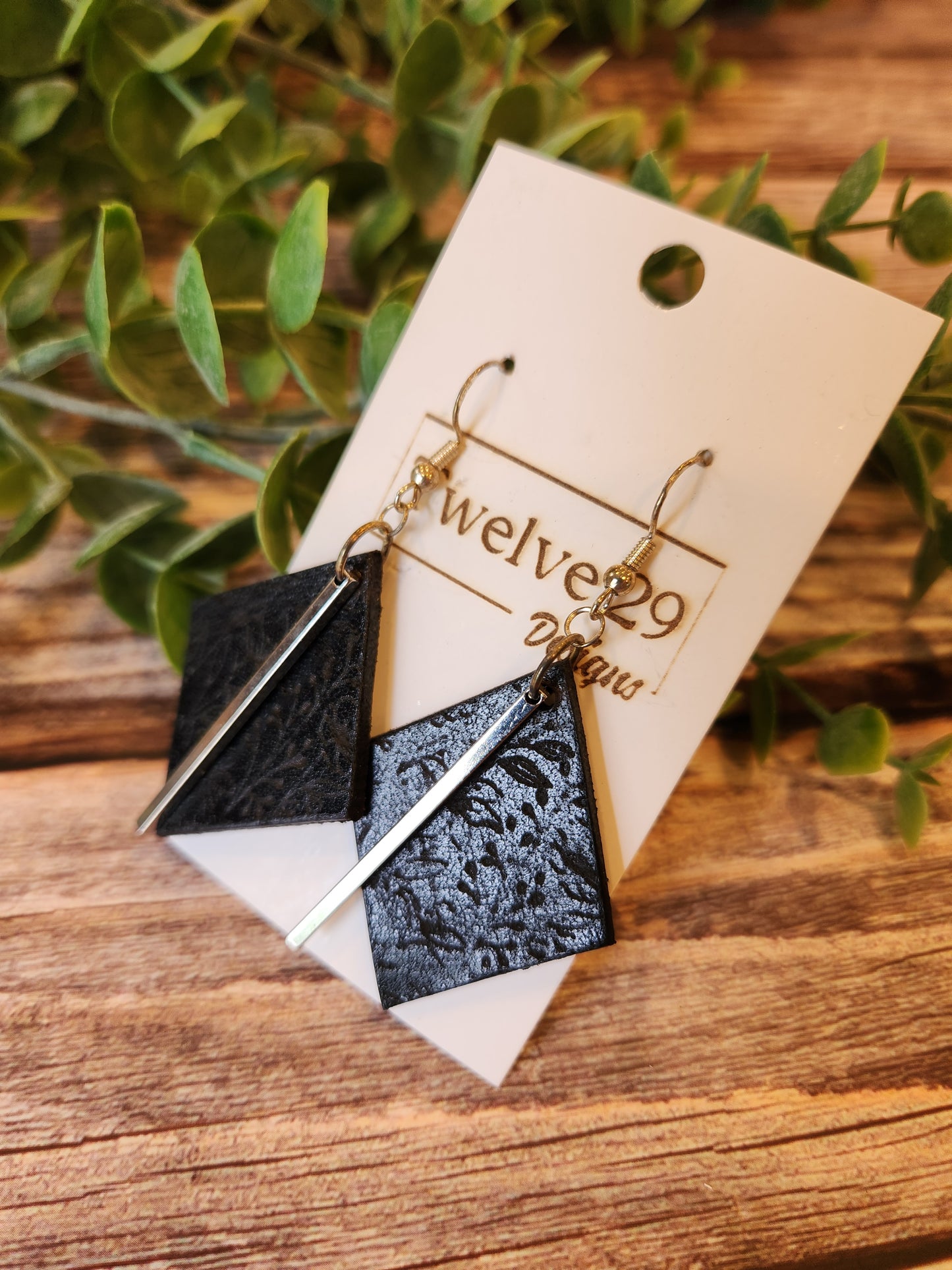 Full-Grain American Leather Earrings, Rhombus-shaped with Delicate Floral Engraving and Metal Bar Accent | Handmade in the USA