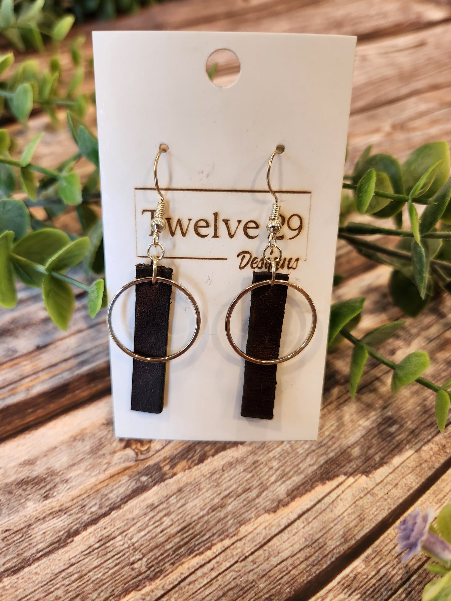 Full-Grain American Leather Earrings, Short Rectangle with Metal Circle Accents | Handmade in the USA