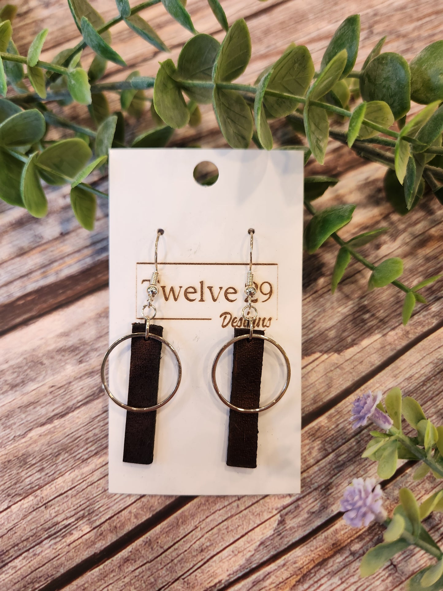 Full-Grain American Leather Earrings, Short Rectangle with Metal Circle Accents | Handmade in the USA