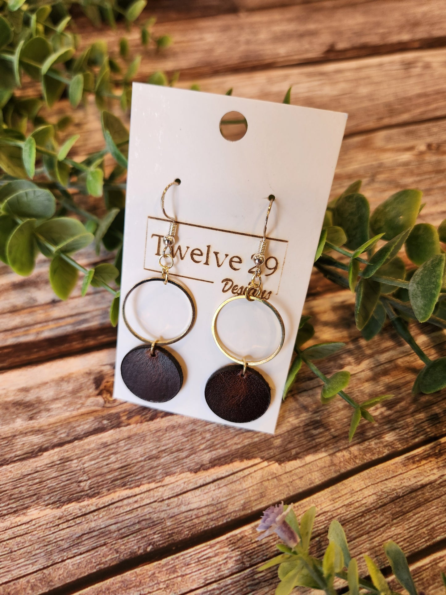 Full-Grain American Leather Dangle Circle Earrings, with Golden or Silver Accents | Handmade in the USA
