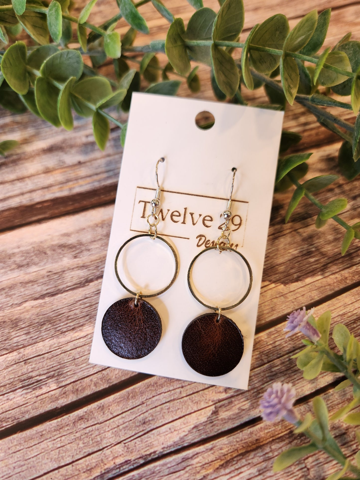 Full-Grain American Leather Dangle Circle Earrings, with Golden or Silver Accents | Handmade in the USA