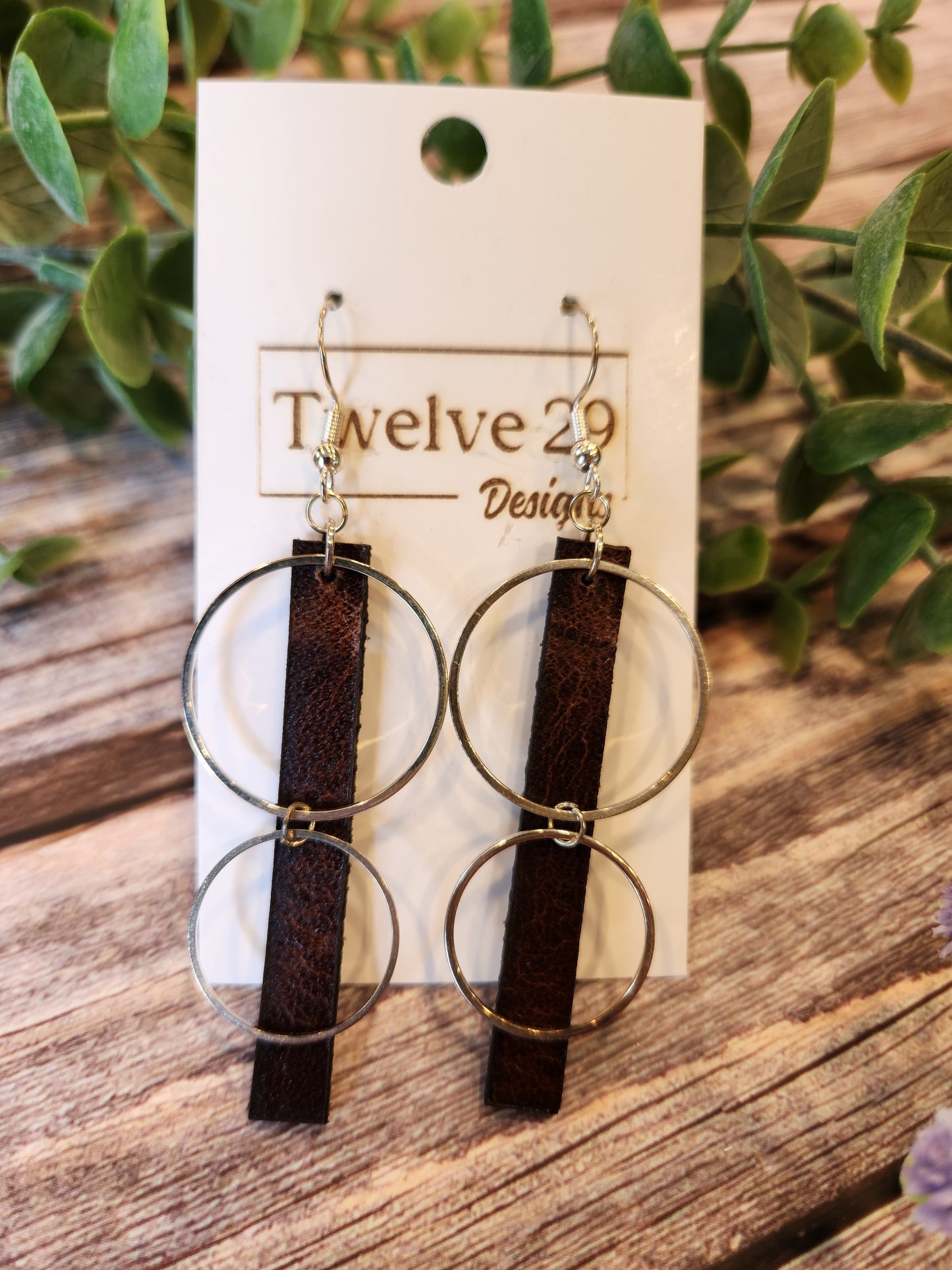 Full-Grain American Leather Dangle Earrings, Long Rectangle with Two Circle Accents Available in Two Metal Choices |Handmade in the USA