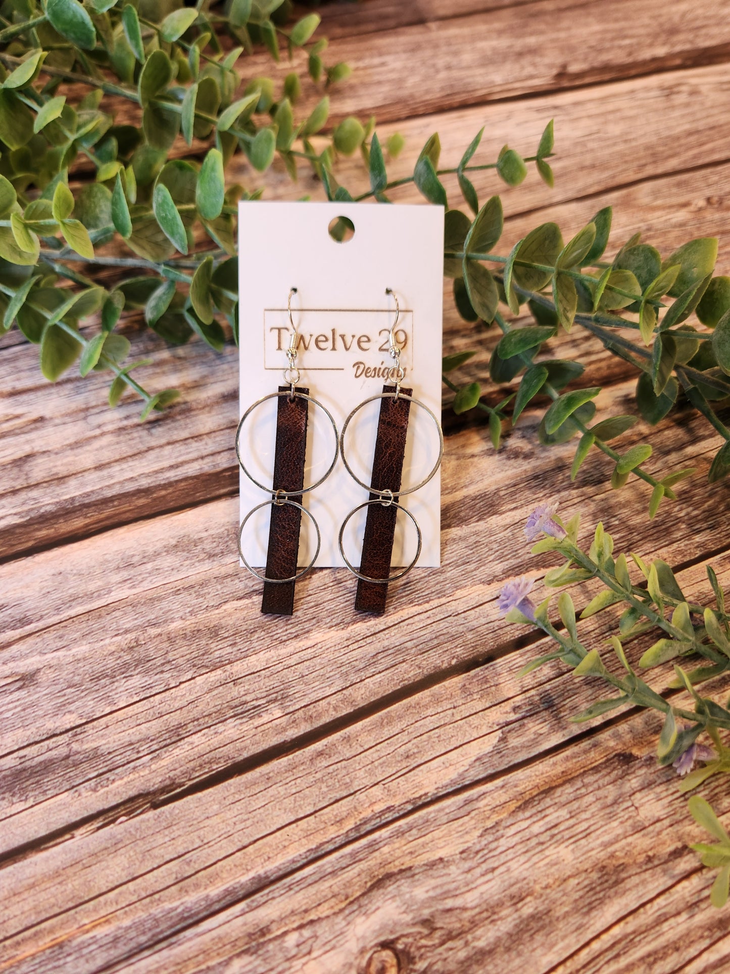 Full-Grain American Leather Dangle Earrings, Long Rectangle with Two Circle Accents Available in Two Metal Choices |Handmade in the USA