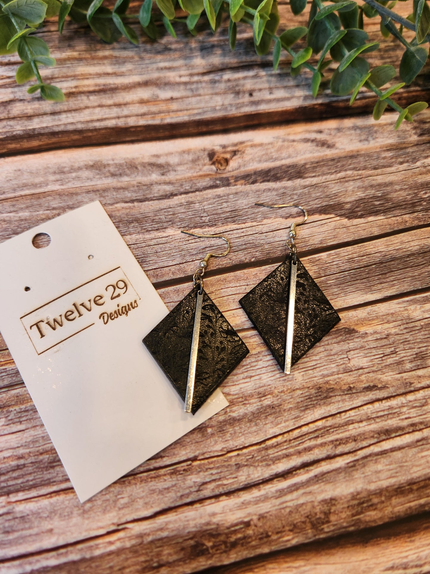 Full-Grain American Leather Earrings, Rhombus-shaped with Delicate Floral Engraving and Metal Bar Accent | Handmade in the USA