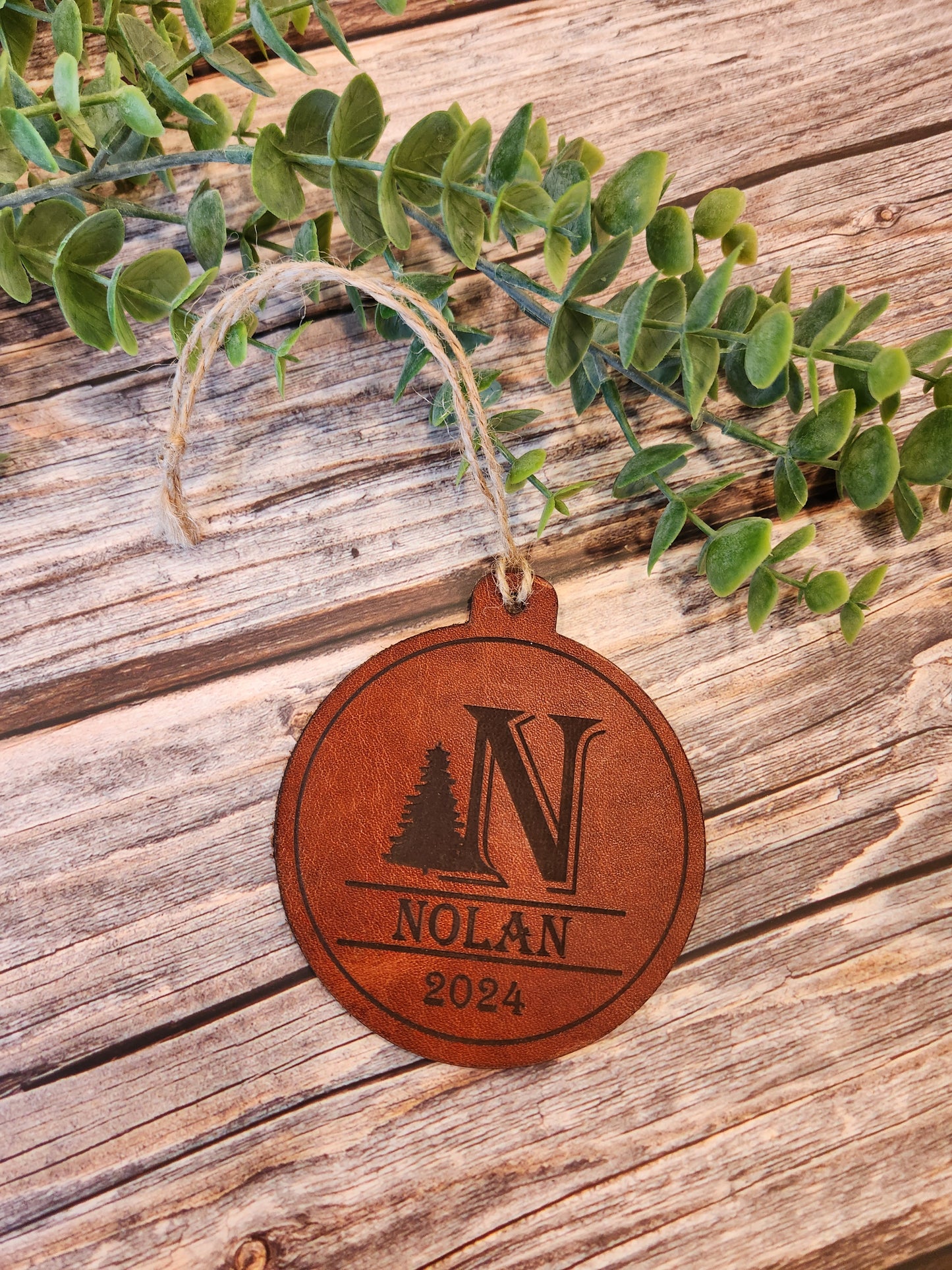 Personalized Full-Grain American Leather Monogram Ornament | Custom Name, Initial & Year | Handcrafted Heirloom Keepsake | Handmade in the USA