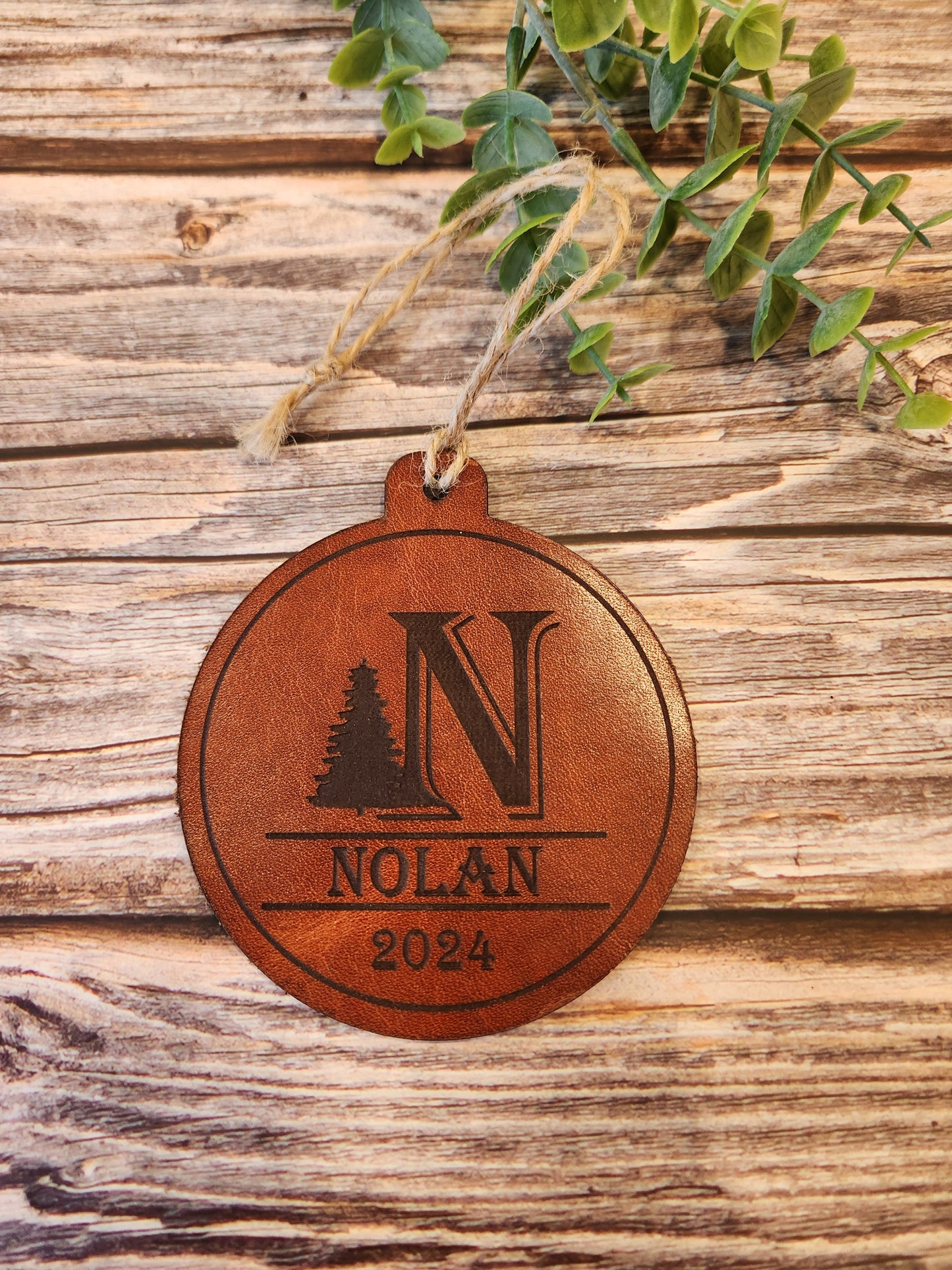 Personalized Full-Grain American Leather Monogram Ornament | Custom Name, Initial & Year | Handcrafted Heirloom Keepsake | Handmade in the USA
