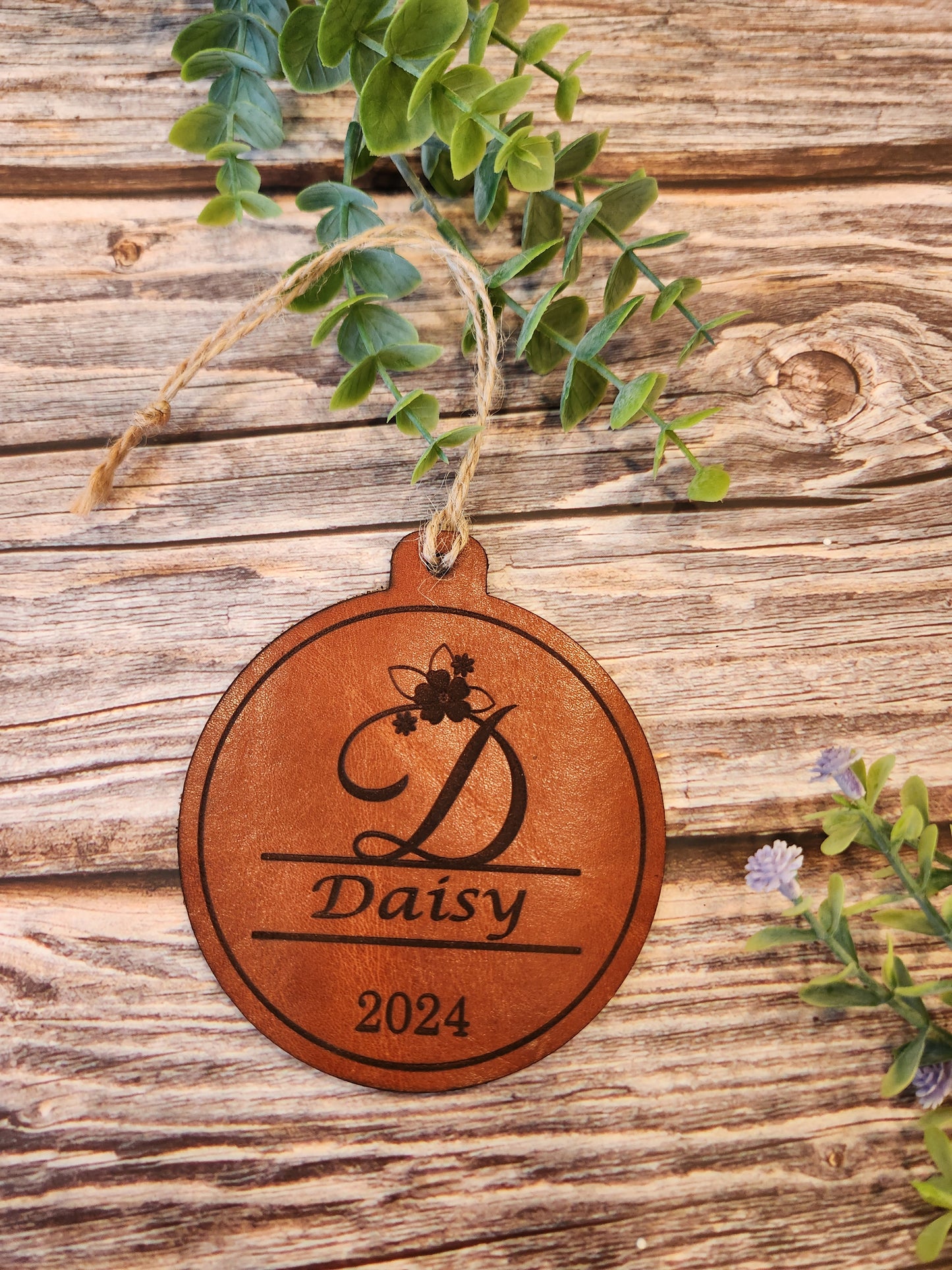 Personalized Full-Grain American Leather Monogram Ornament | Custom Name, Initial & Year | Handcrafted Heirloom Keepsake | Handmade in the USA