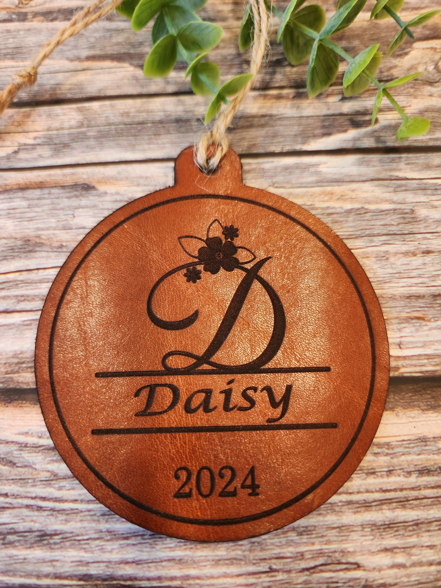 Personalized Full-Grain American Leather Monogram Ornament | Custom Name, Initial & Year | Handcrafted Heirloom Keepsake | Handmade in the USA