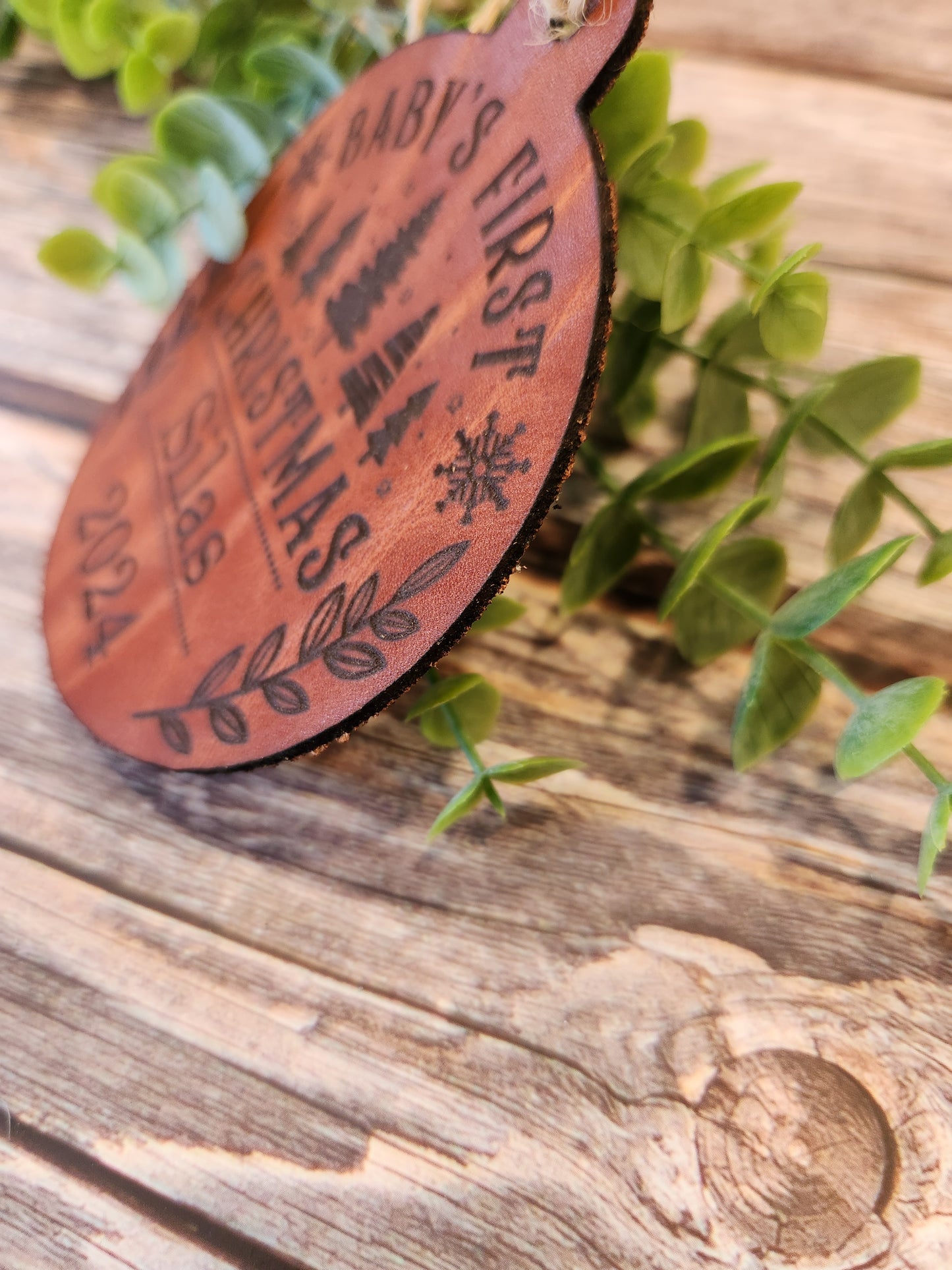 Personalized Full-Grain American Leather “Baby’s First Christmas” Ornament | Custom Name & Year | Heirloom Keepsake | Handmade in the USA