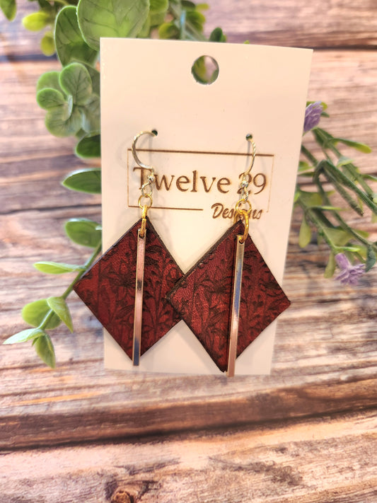 Leather Earrings, English Tan with Delicate Floral Engraving and Gold Colored Bar accent