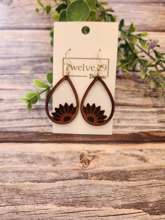 Leather Earrings, Full Grain Leather with Laser Engraved Sunflower in a Teardrop Shape