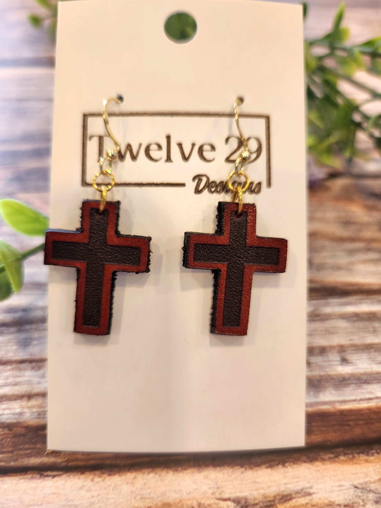 Full-Grain American Leather Cross Earrings – Laser Cut & Engraved, Lightweight | Handmade in the USA