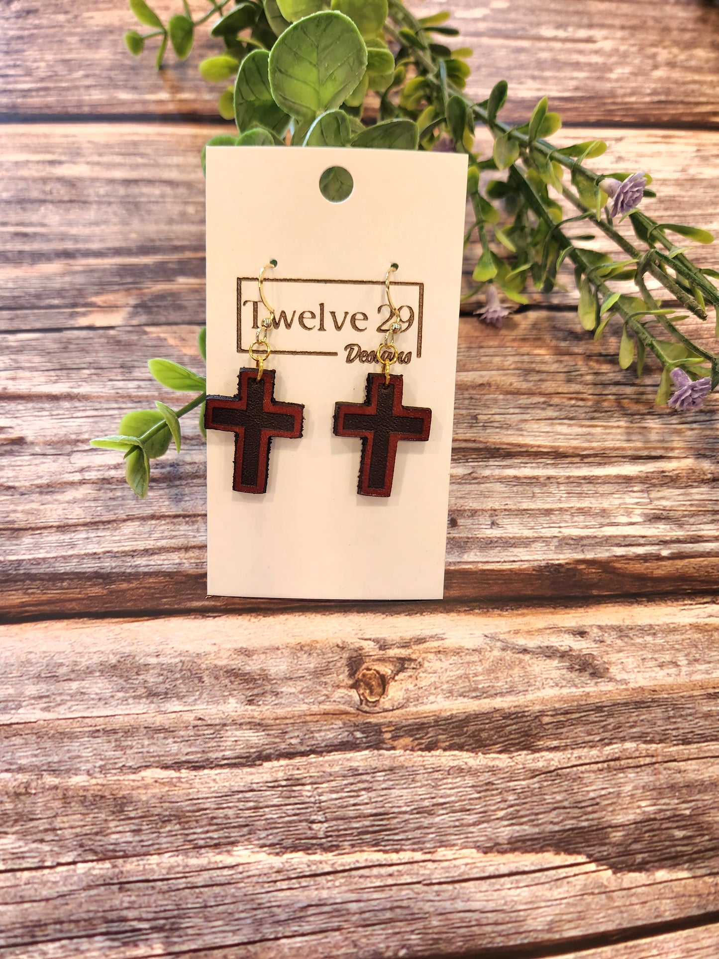 Full-Grain American Leather Cross Earrings – Laser Cut & Engraved, Lightweight | Handmade in the USA