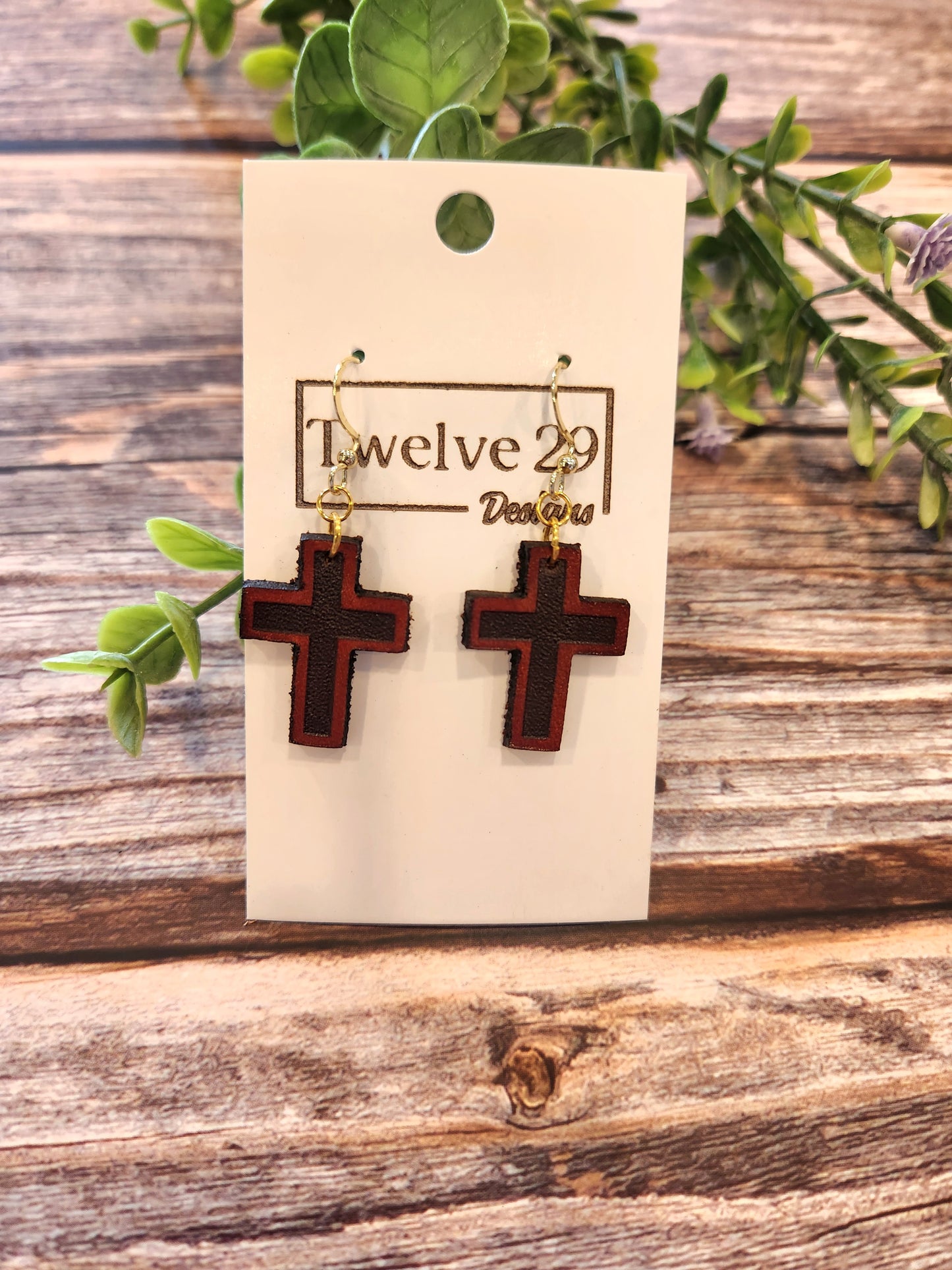 Full-Grain American Leather Cross Earrings – Laser Cut & Engraved, Lightweight | Handmade in the USA