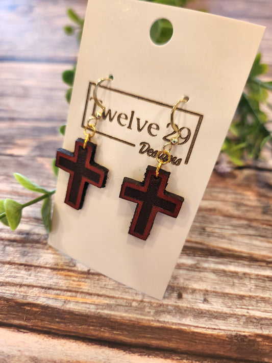 Full-Grain American Leather Cross Earrings – Laser Cut & Engraved, Lightweight | Handmade in the USA