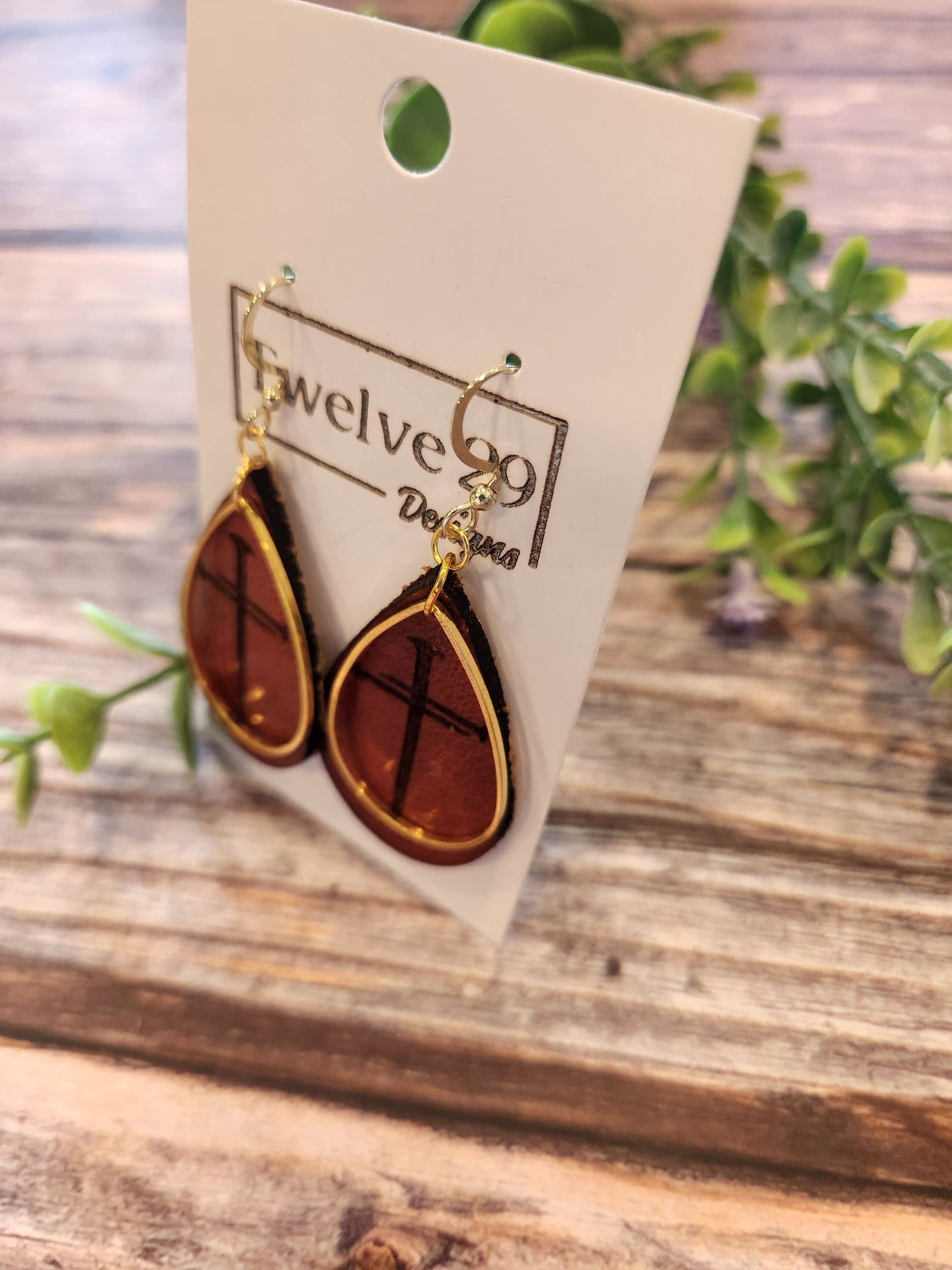 Full-Grain American Leather, Three Nail Cross Teardrop Shape Earrings – Handcrafted with Optional Metal Accent | Handmade in the USA