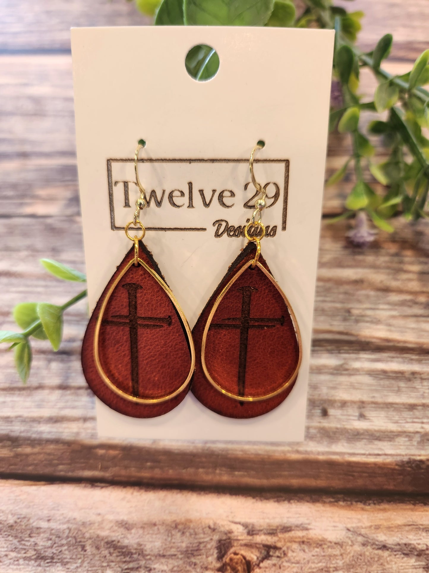 Full-Grain American Leather, Three Nail Cross Teardrop Shape Earrings – Handcrafted with Optional Metal Accent | Handmade in the USA