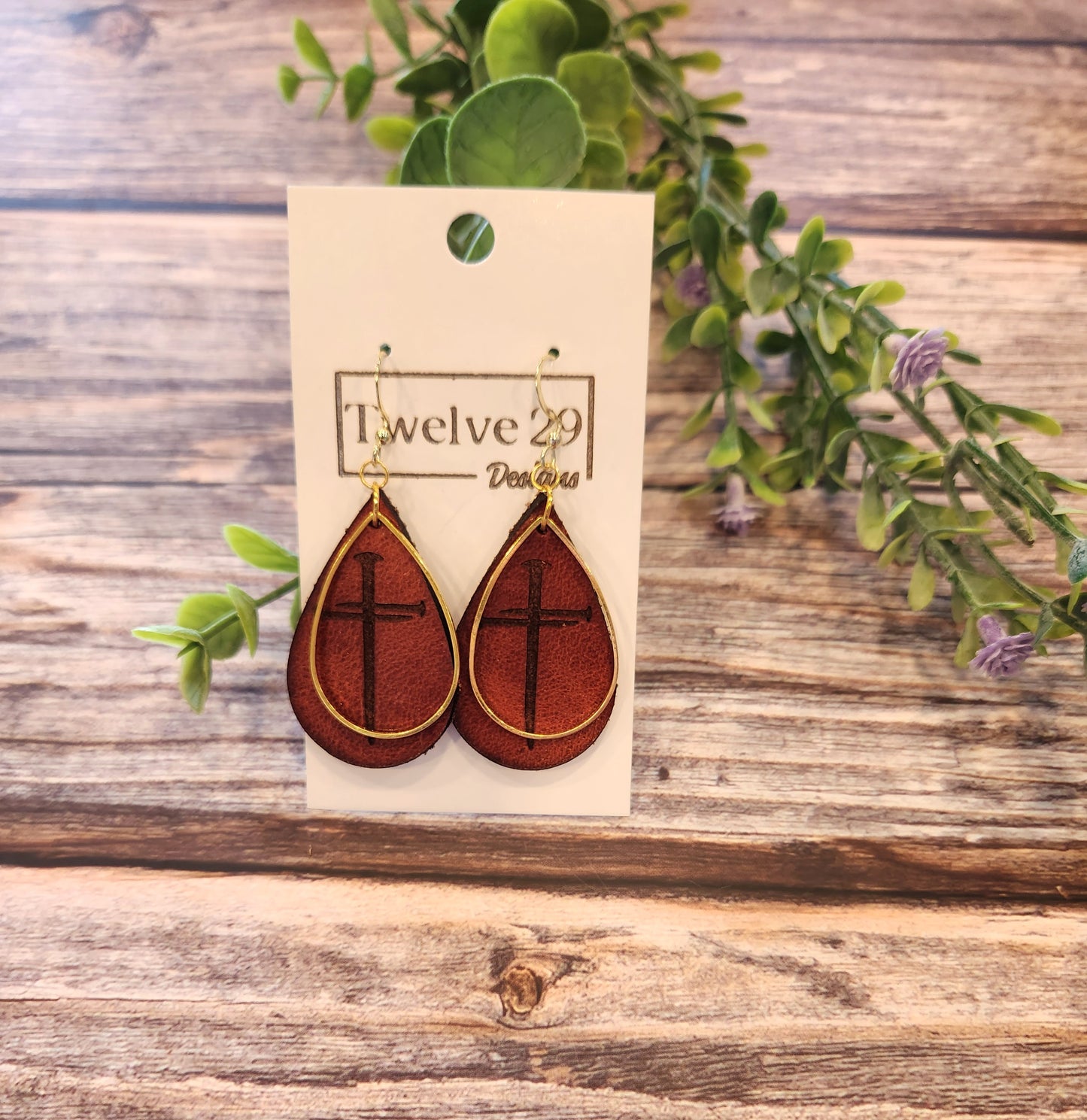 Full-Grain American Leather, Three Nail Cross Teardrop Shape Earrings – Handcrafted with Optional Metal Accent | Handmade in the USA