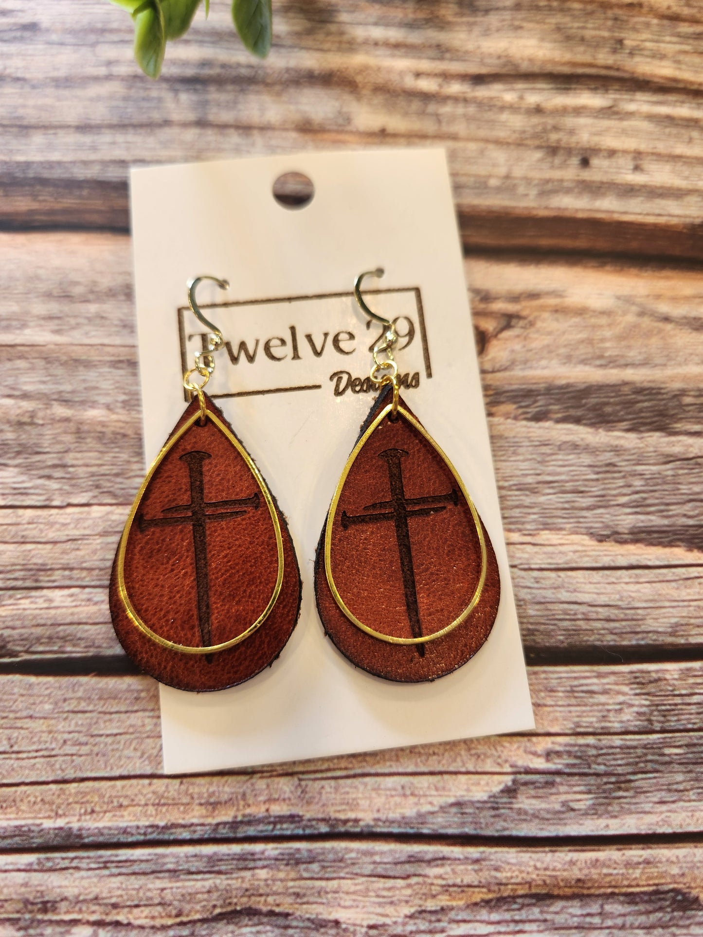 Full-Grain American Leather, Three Nail Cross Teardrop Shape Earrings – Handcrafted with Optional Metal Accent | Handmade in the USA