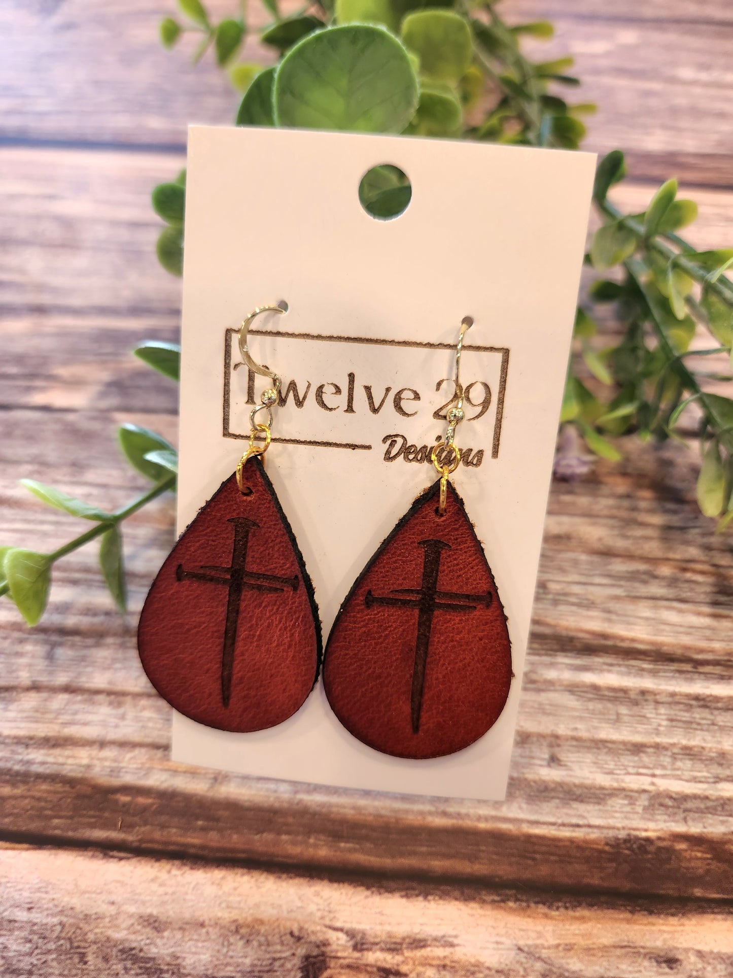 Full-Grain American Leather, Three Nail Cross Teardrop Shape Earrings – Handcrafted with Optional Metal Accent | Handmade in the USA