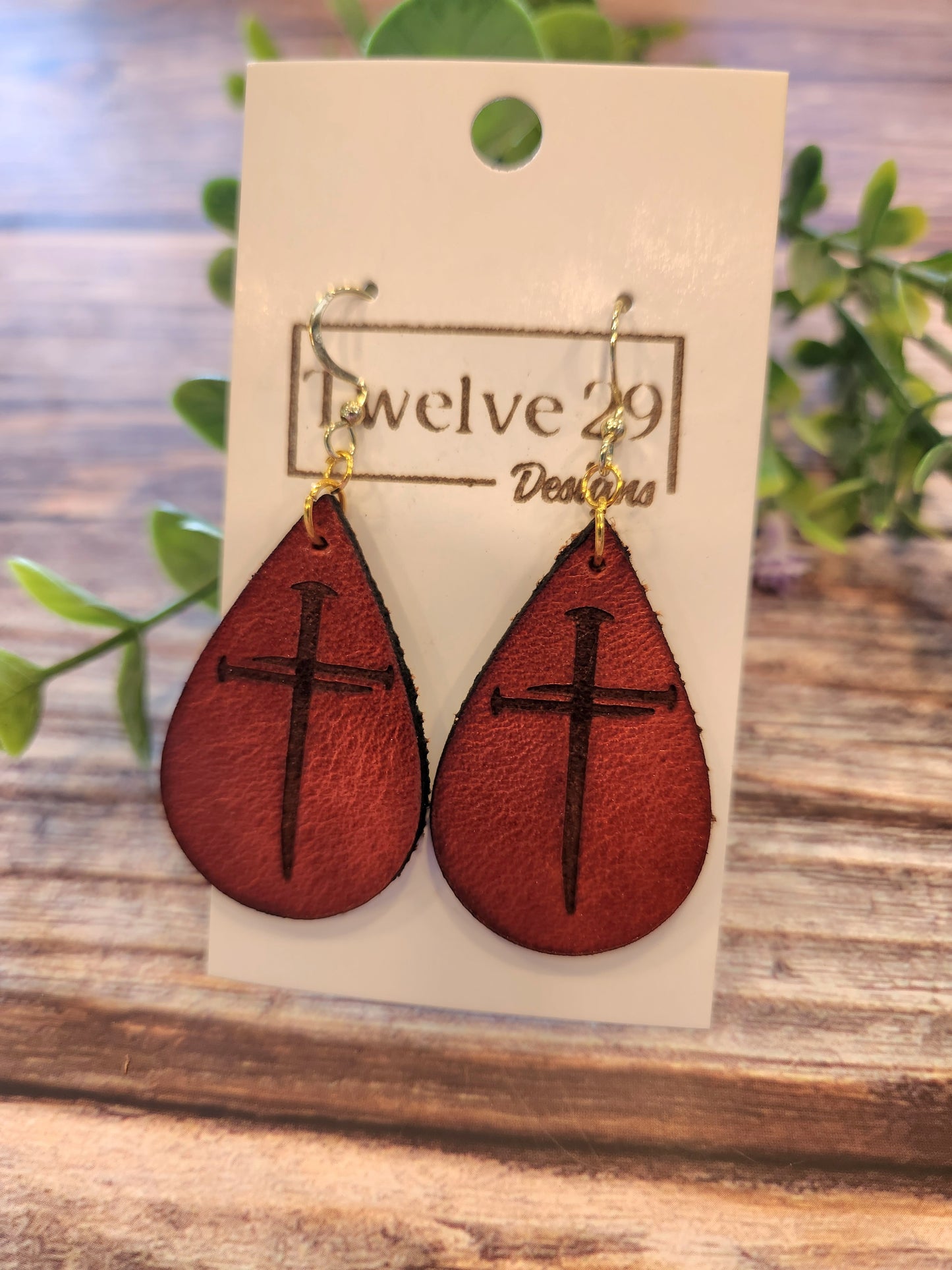 Full-Grain American Leather, Three Nail Cross Teardrop Shape Earrings – Handcrafted with Optional Metal Accent | Handmade in the USA