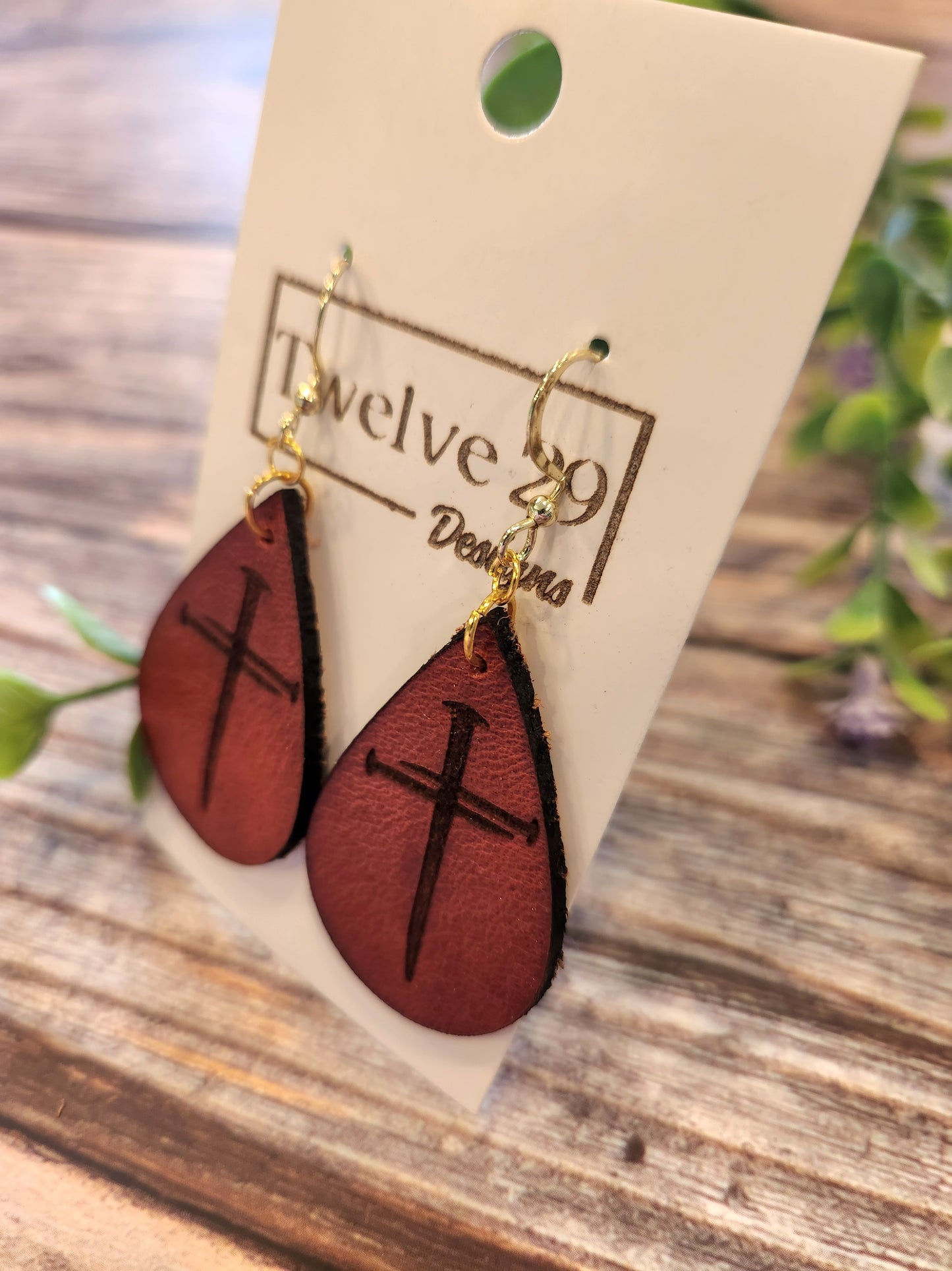 Full-Grain American Leather, Three Nail Cross Teardrop Shape Earrings – Handcrafted with Optional Metal Accent | Handmade in the USA