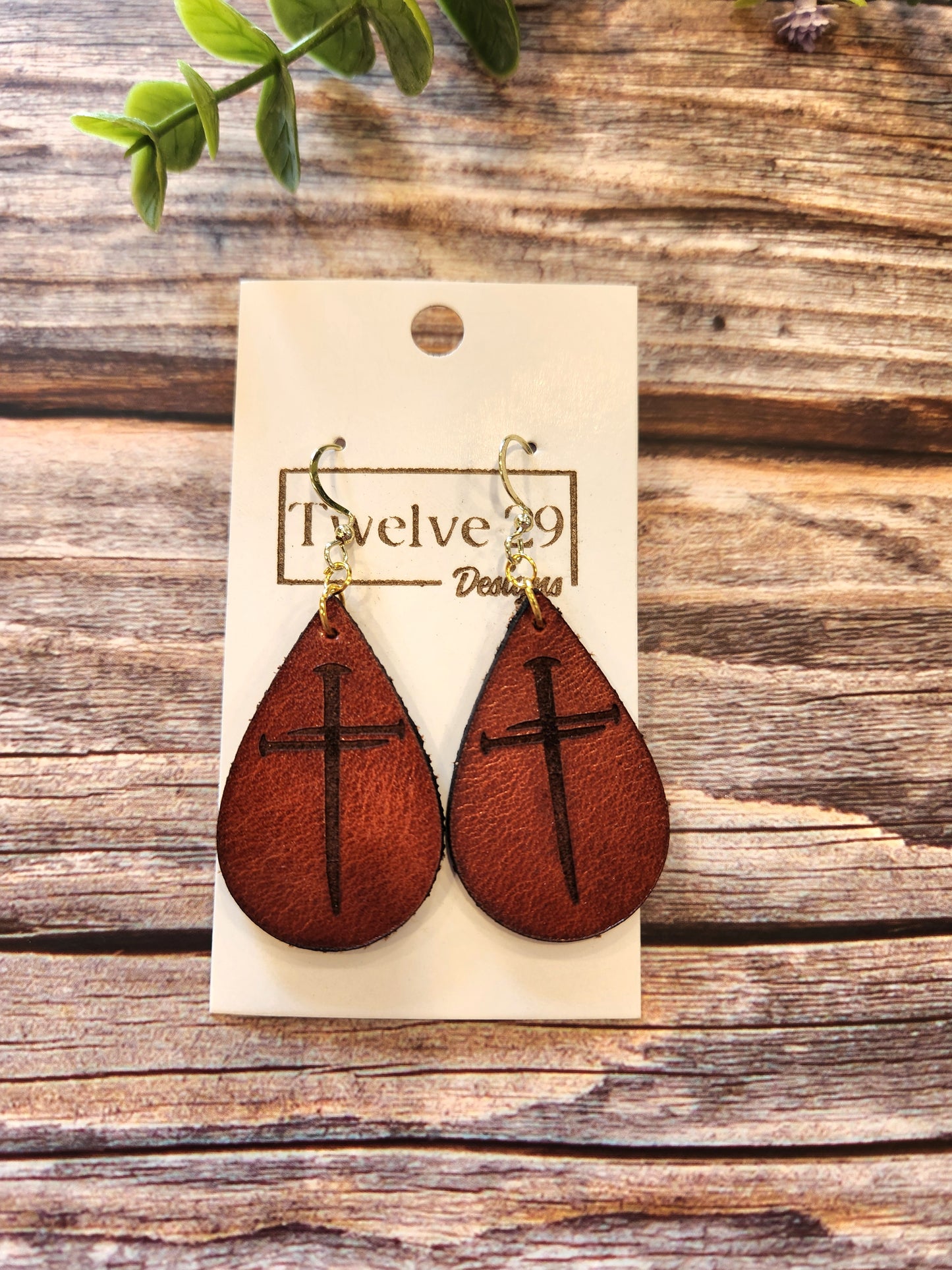 Full-Grain American Leather, Three Nail Cross Teardrop Shape Earrings – Handcrafted with Optional Metal Accent | Handmade in the USA