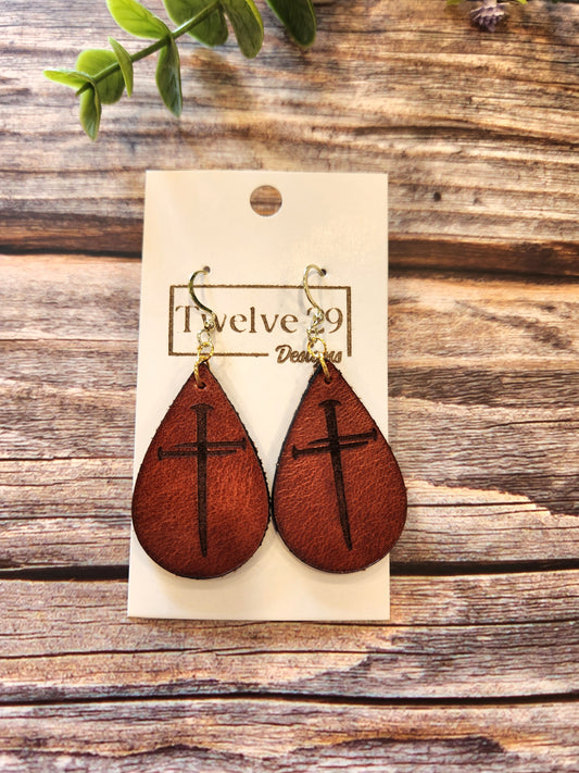 Full-Grain American Leather, Three Nail Cross Teardrop Shape Earrings – Handcrafted with Optional Metal Accent | Handmade in the USA