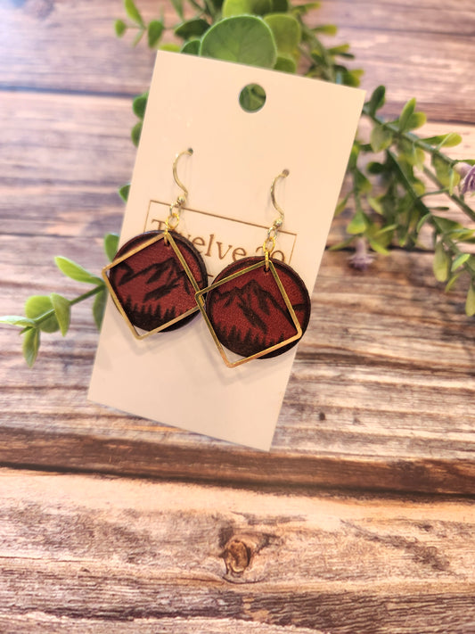 Leather Earrings with Laser Engraved Mountains and Gold Colored Accents