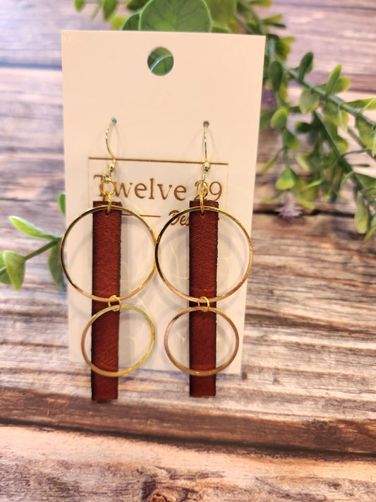 Leather Dangle Earrings, English Tan Long Rectangle with Two Golden Circle Accents