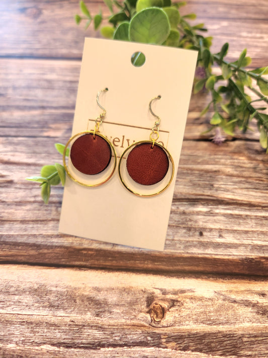 Leather Circle Earrings, English Tan with Golden Accents