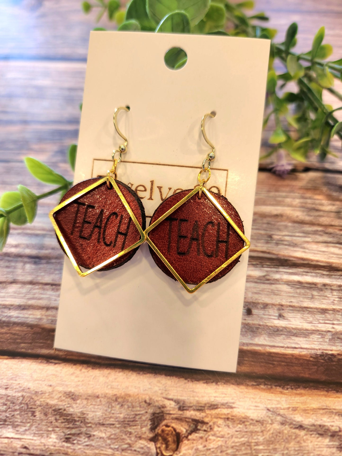 Leather Earrings with Laser Engraved TEACH and Gold Colored Accents
