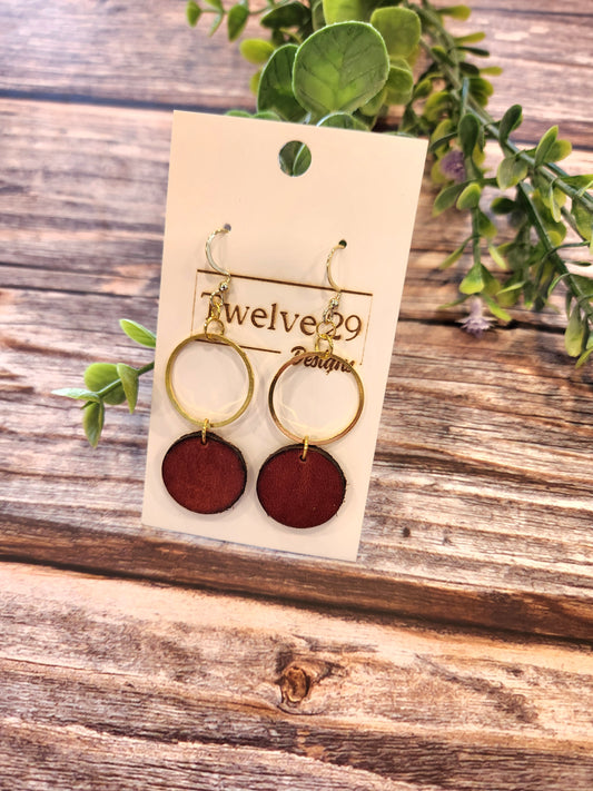 Leather Dangle Circle Earrings, English Tan with Golden Accents