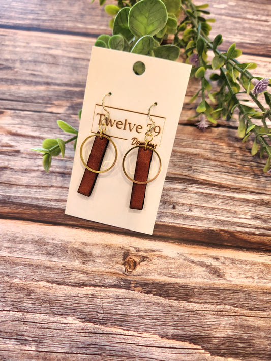 Leather Earrings, English Tan Rectangle with Golden Circle Accent