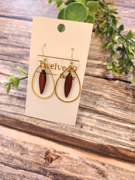 Leather Earrings, English Tan with Gold Colored Accents in an Elegant Teardrop Shape