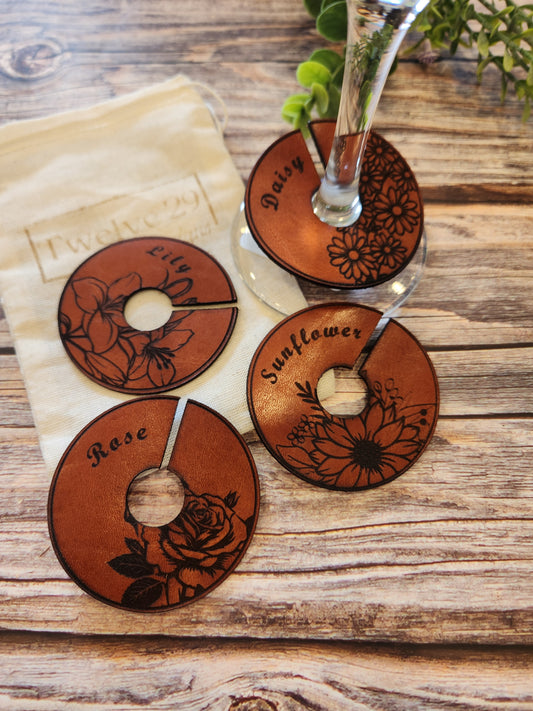 Full-Grain American Leather Wine Glass Markers In An Exclusive Flower Design / Set of Four | Handmade In The USA