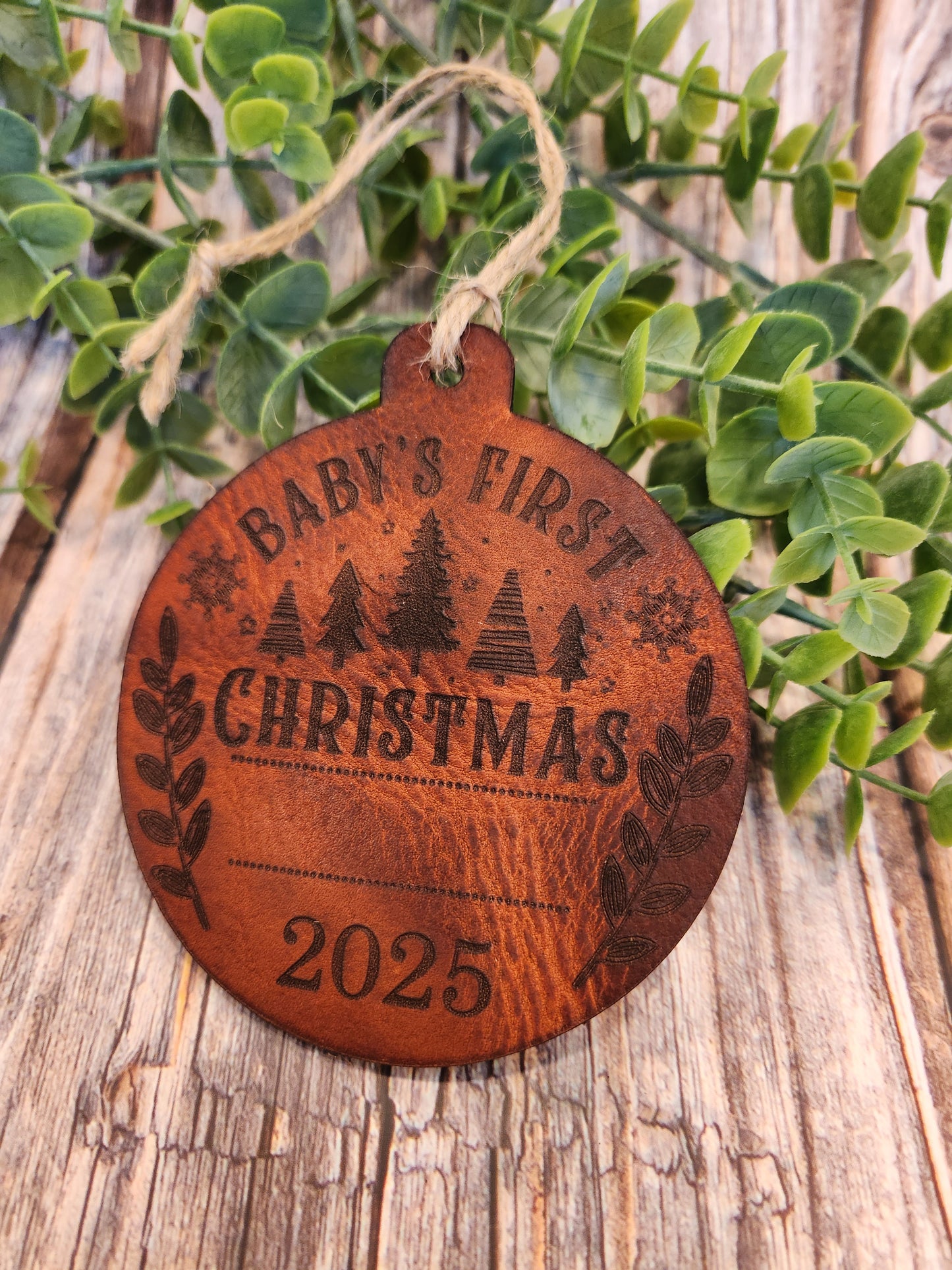 Personalized Full-Grain American Leather “Baby’s First Christmas” Ornament | Custom Name & Year | Heirloom Keepsake | Handmade in the USA