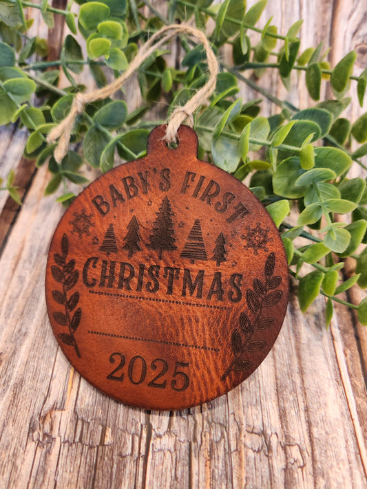 Personalized Full-Grain American Leather “Baby’s First Christmas” Ornament | Custom Name & Year | Heirloom Keepsake | Handmade in the USA
