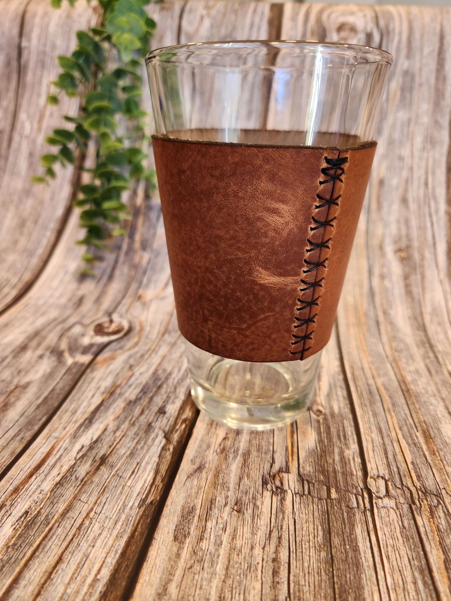 Handcrafted Full-Grain American Leather Pint Glass Sleeve | Includes 16oz Glass | Custom Laser Engraved | Heirloom Quality Barware